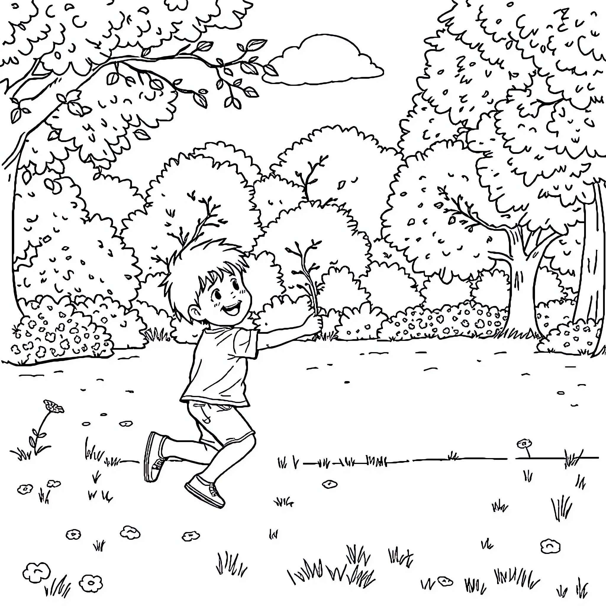Son playing joyfully in a lush forest Coloring Page (free black-and-white line drawing printable PDF for all, from beginners to advanced learners, including children, teens, adults, and seniors)