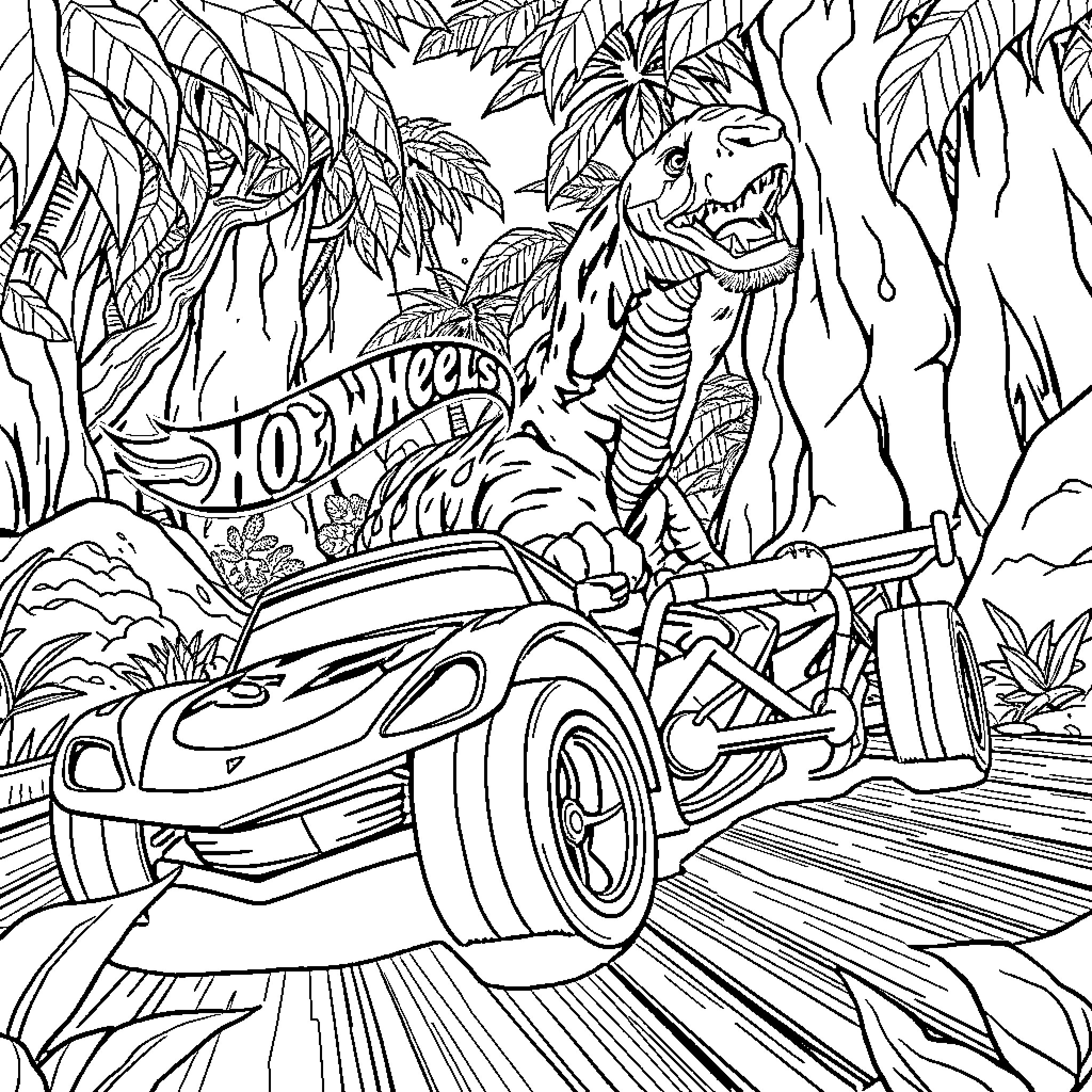 Hot Wheels Racing Through the Jungle Coloring Page (free black-and-white line drawing printable PDF for all, from beginners to advanced learners, including children, teens, adults, and seniors)