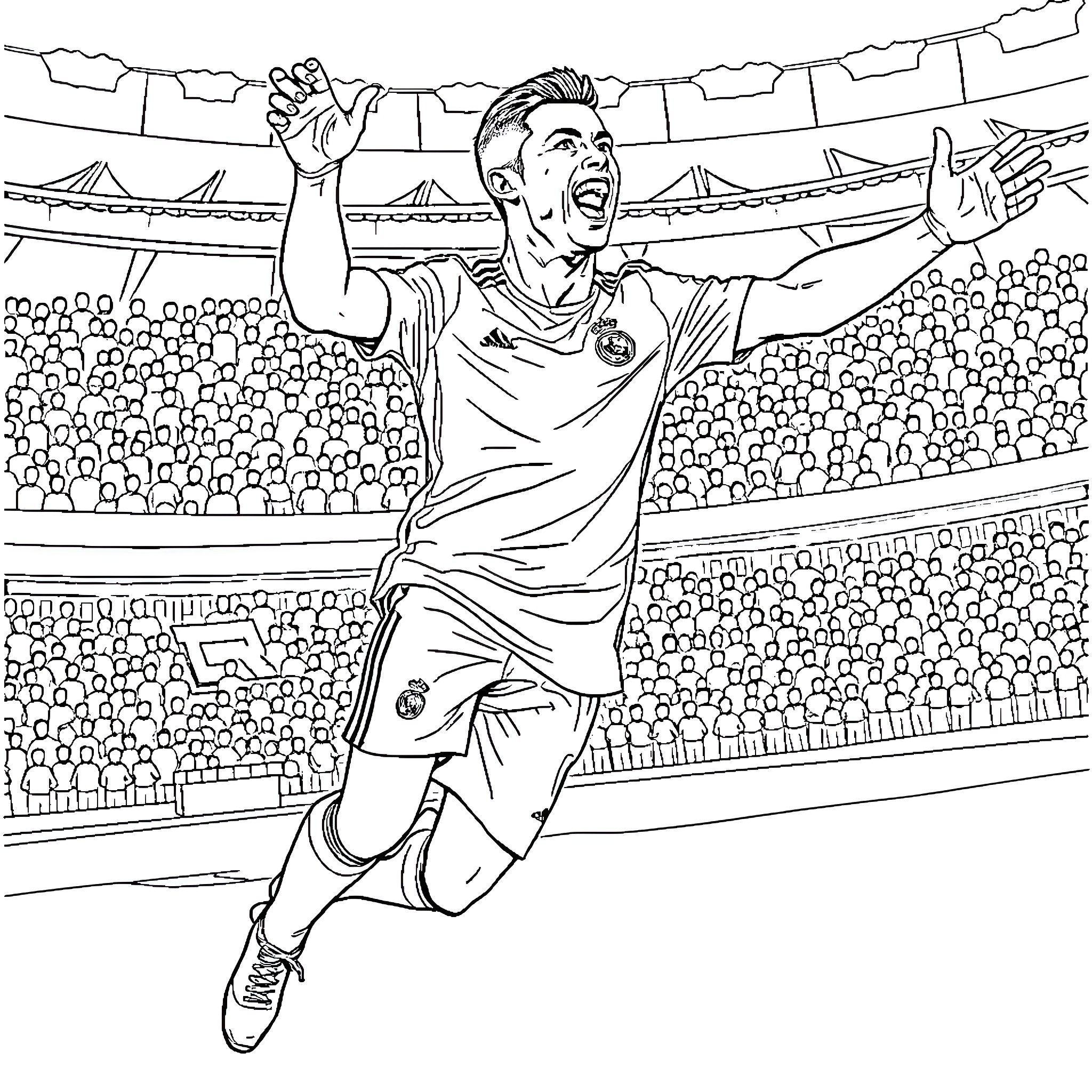 Cr7 Celebrates Triumphantly in the Stadium Coloring Page (free black-and-white line drawing printable PDF for all, from beginners to advanced learners, including children, teens, adults, and seniors)