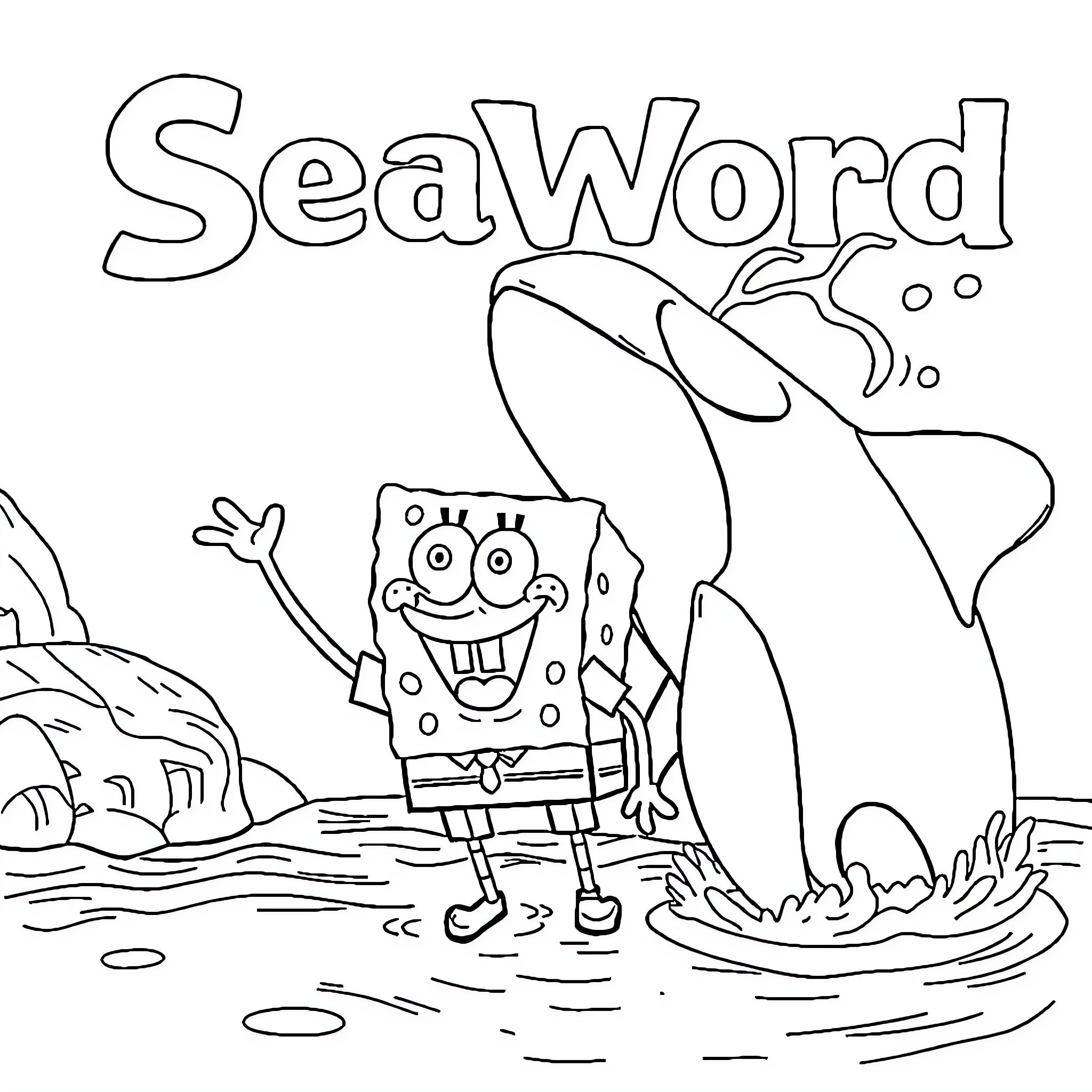 Spongebob swimming with friendly sea creatures Coloring Page (free black-and-white line drawing printable PDF for all, from beginners to advanced learners, including children, teens, adults, and seniors)