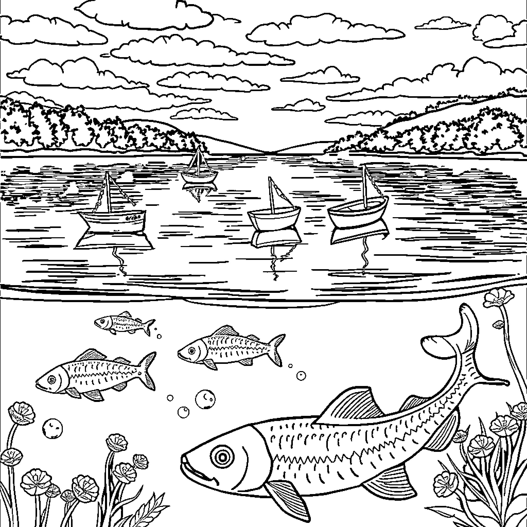 Lake with Sailing Boats and Underwater Fish Scene Coloring Page (free black-and-white line drawing printable PDF for all, from beginners to advanced learners, including children, teens, adults, and seniors)