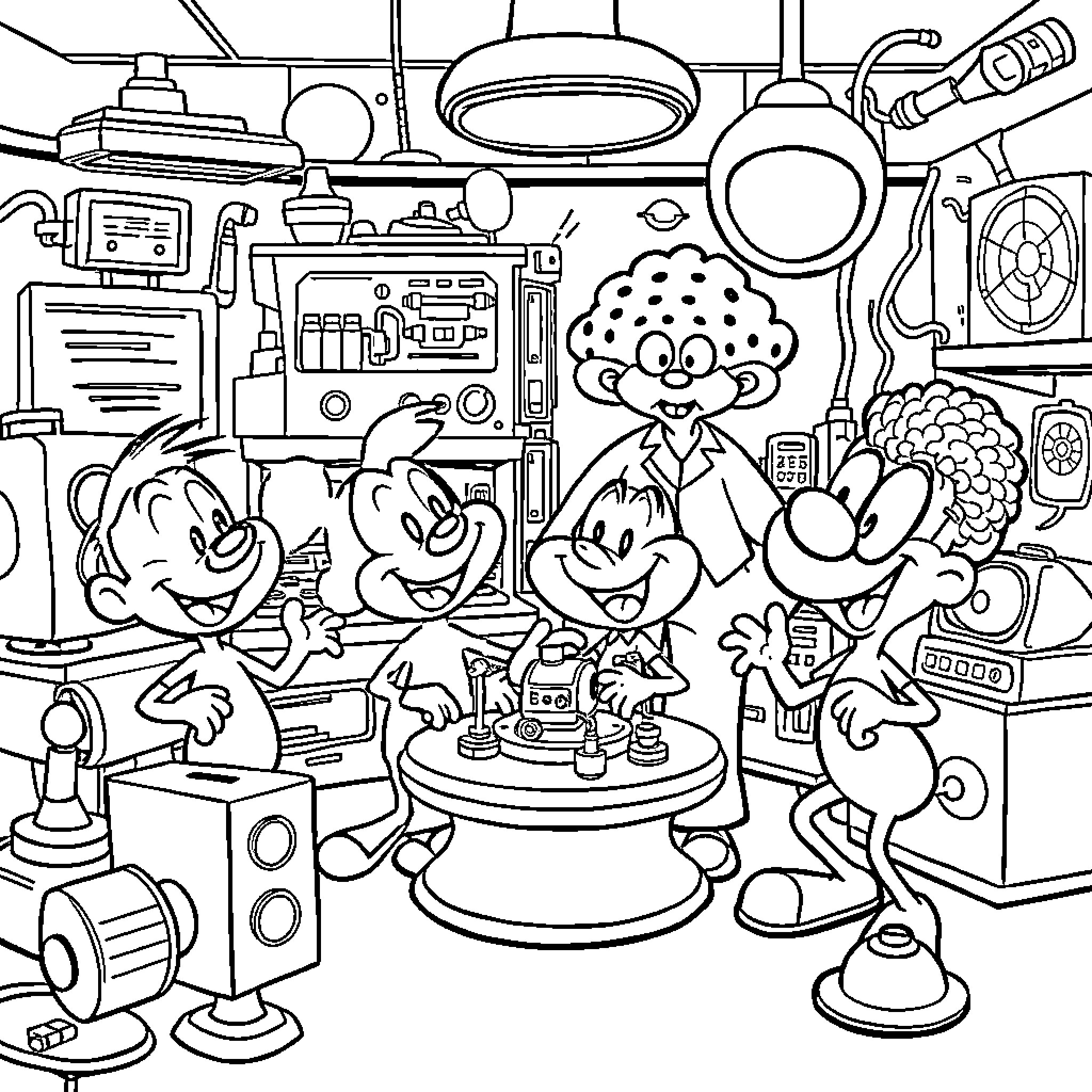 Animaniacs Characters in a Whimsical Laboratory Coloring Page (free black-and-white line drawing printable PDF for all, from beginners to advanced learners, including children, teens, adults, and seniors)