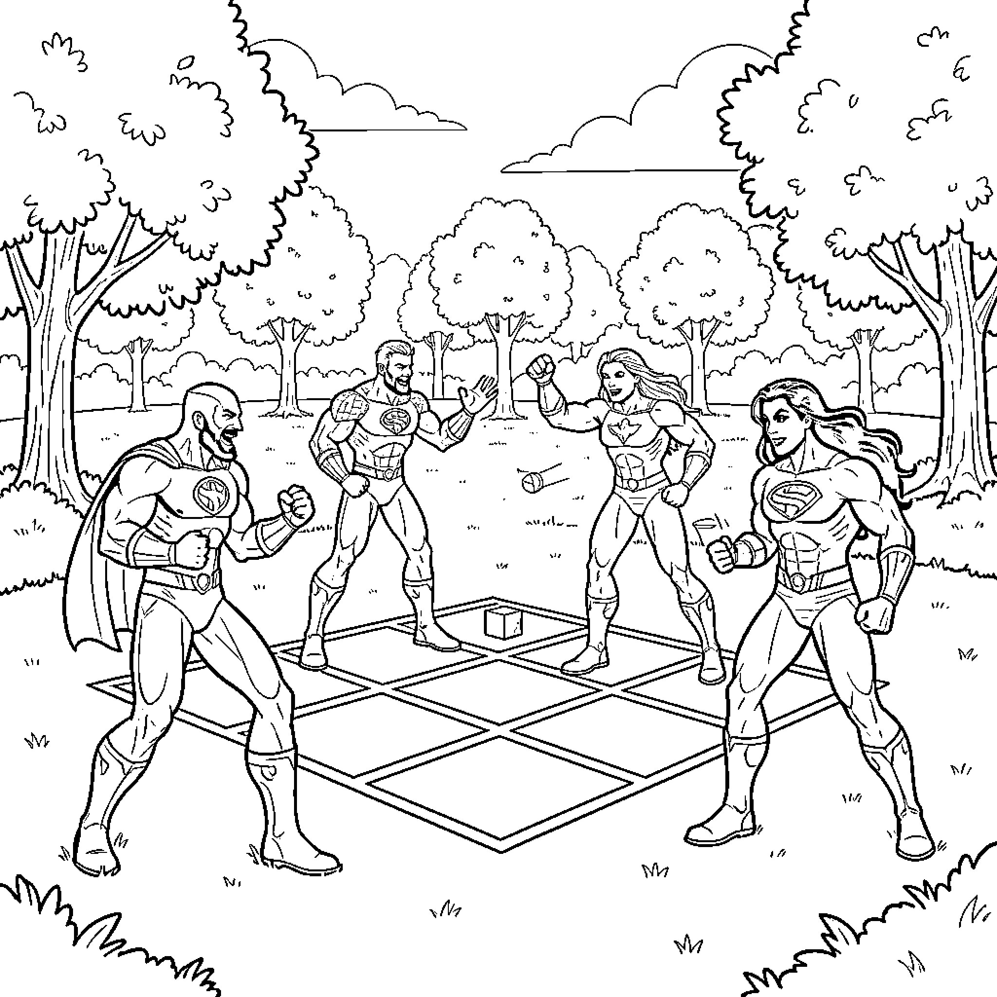 Superhero characters facing off in a forest setting Coloring Page (free black-and-white line drawing printable PDF for all, from beginners to advanced learners, including children, teens, adults, and seniors)