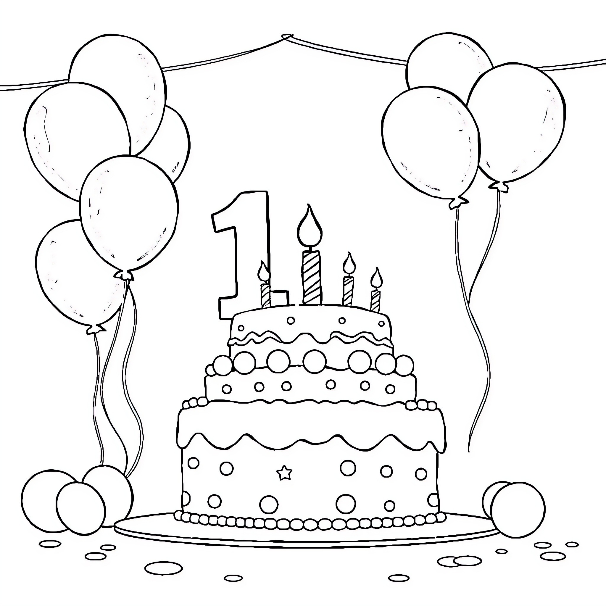 Birthday Celebration with Cake and Balloons Coloring Page (free black-and-white line drawing printable PDF for all, from beginners to advanced learners, including children, teens, adults, and seniors)