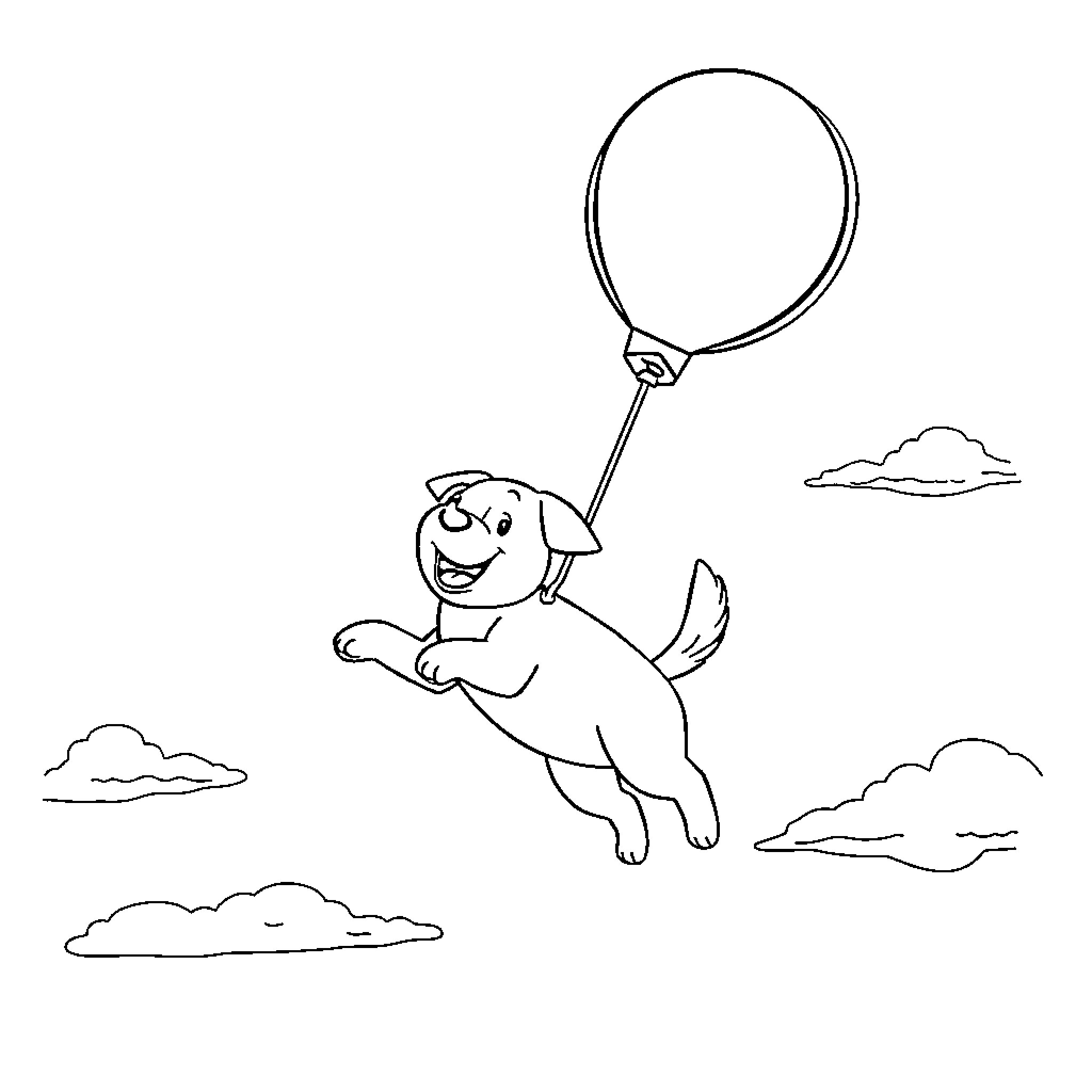 Dog flying with a balloon in the sky Coloring Page (free black-and-white line drawing printable PDF for all, from beginners to advanced learners, including children, teens, adults, and seniors)