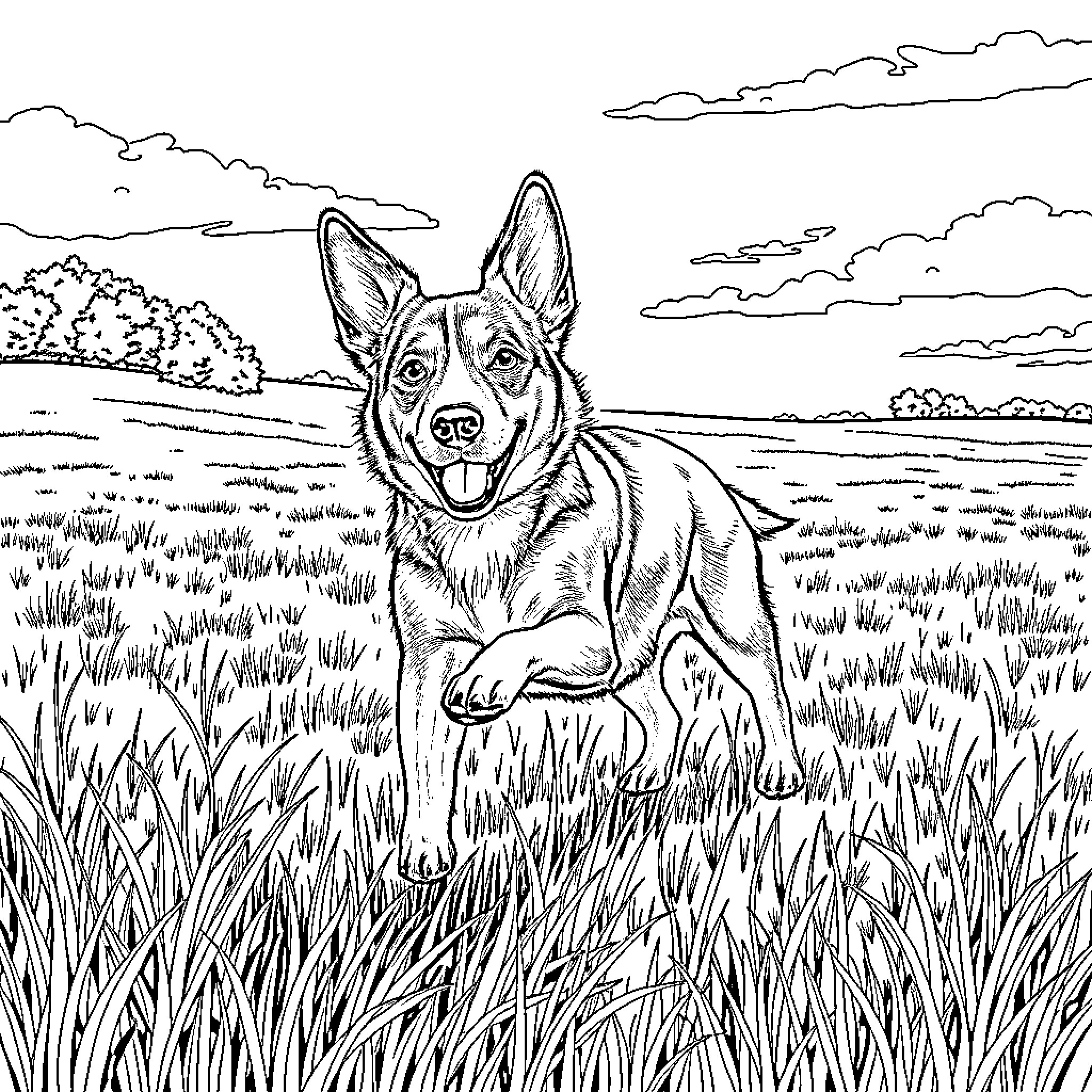Blue Heeler exploring lush meadow landscape Coloring Page (free black-and-white line drawing printable PDF for all, from beginners to advanced learners, including children, teens, adults, and seniors)