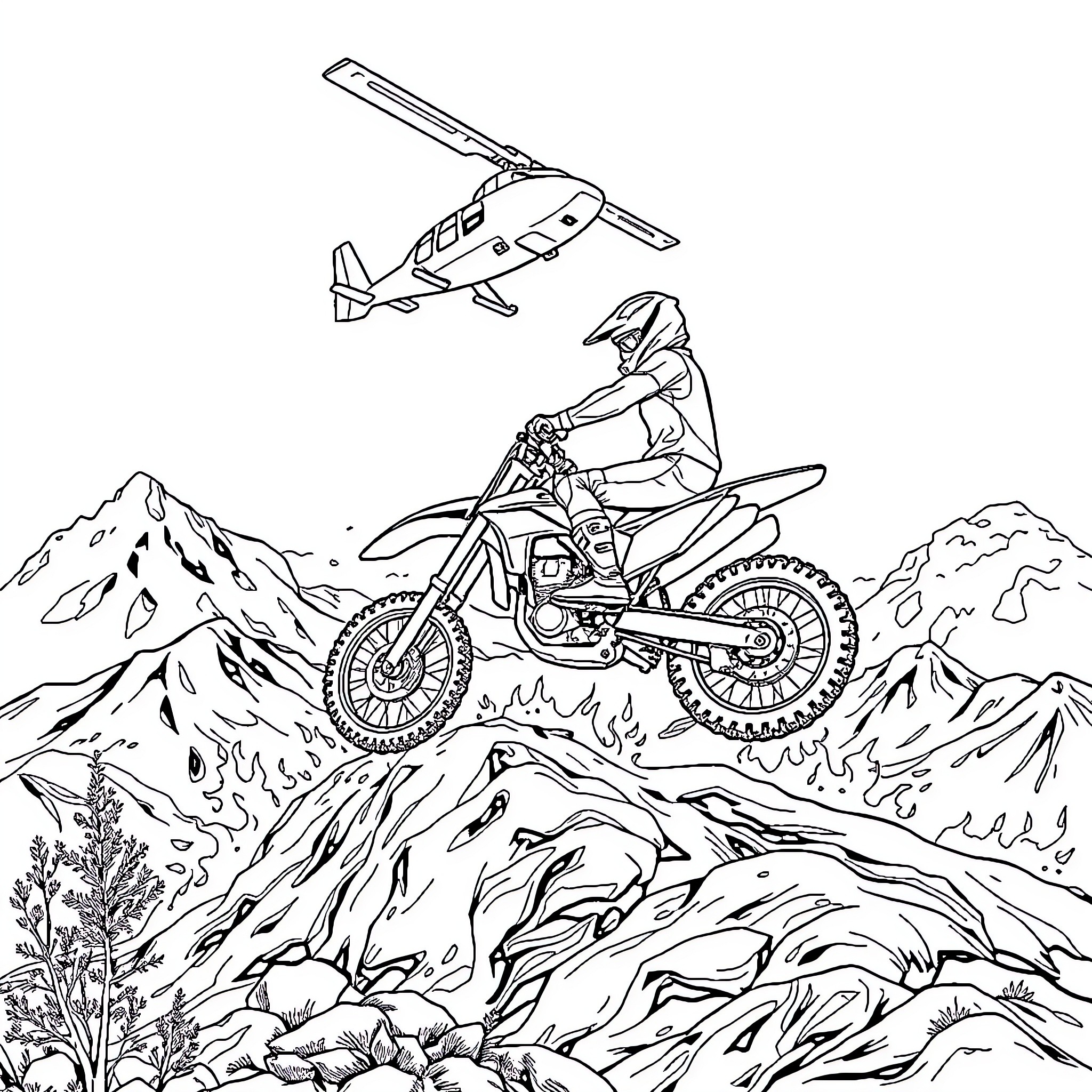 Moto Rider Navigates Rugged Mountain Terrain Coloring Page (free black-and-white line drawing printable PDF for all, from beginners to advanced learners, including children, teens, adults, and seniors)