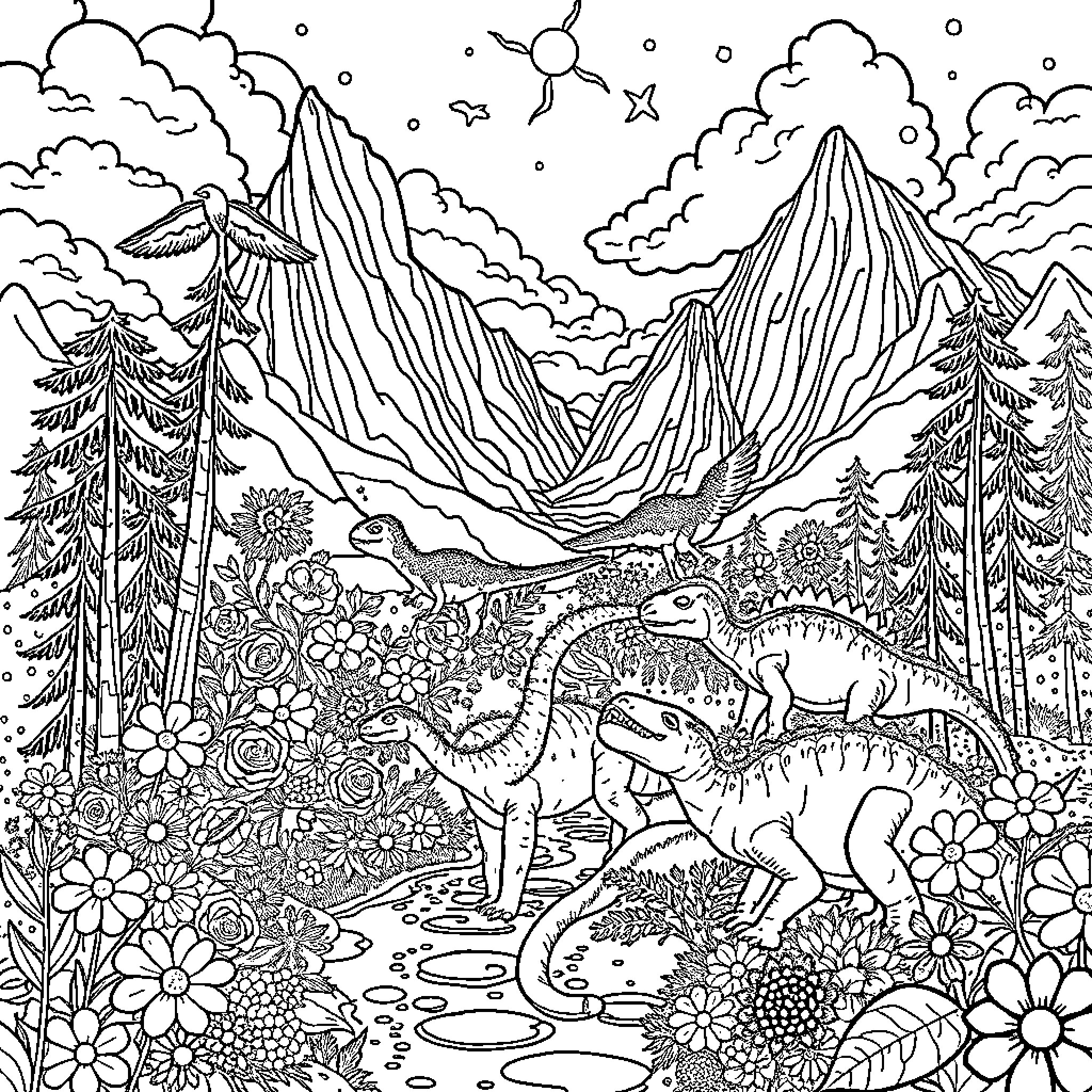Dinosaur Creatures in Lush Mountain Landscape Coloring Page (free black-and-white line drawing printable PDF for all, from beginners to advanced learners, including children, teens, adults, and seniors)