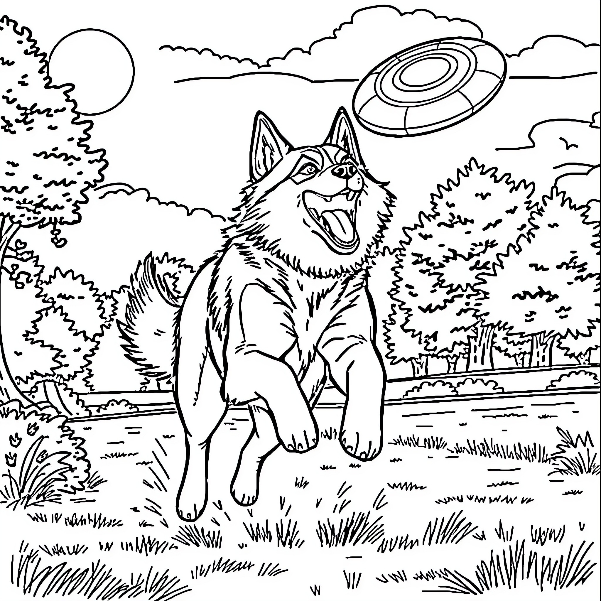 Husky observing a mysterious flying object in the sky Coloring Page (free black-and-white line drawing printable PDF for all, from beginners to advanced learners, including children, teens, adults, and seniors)