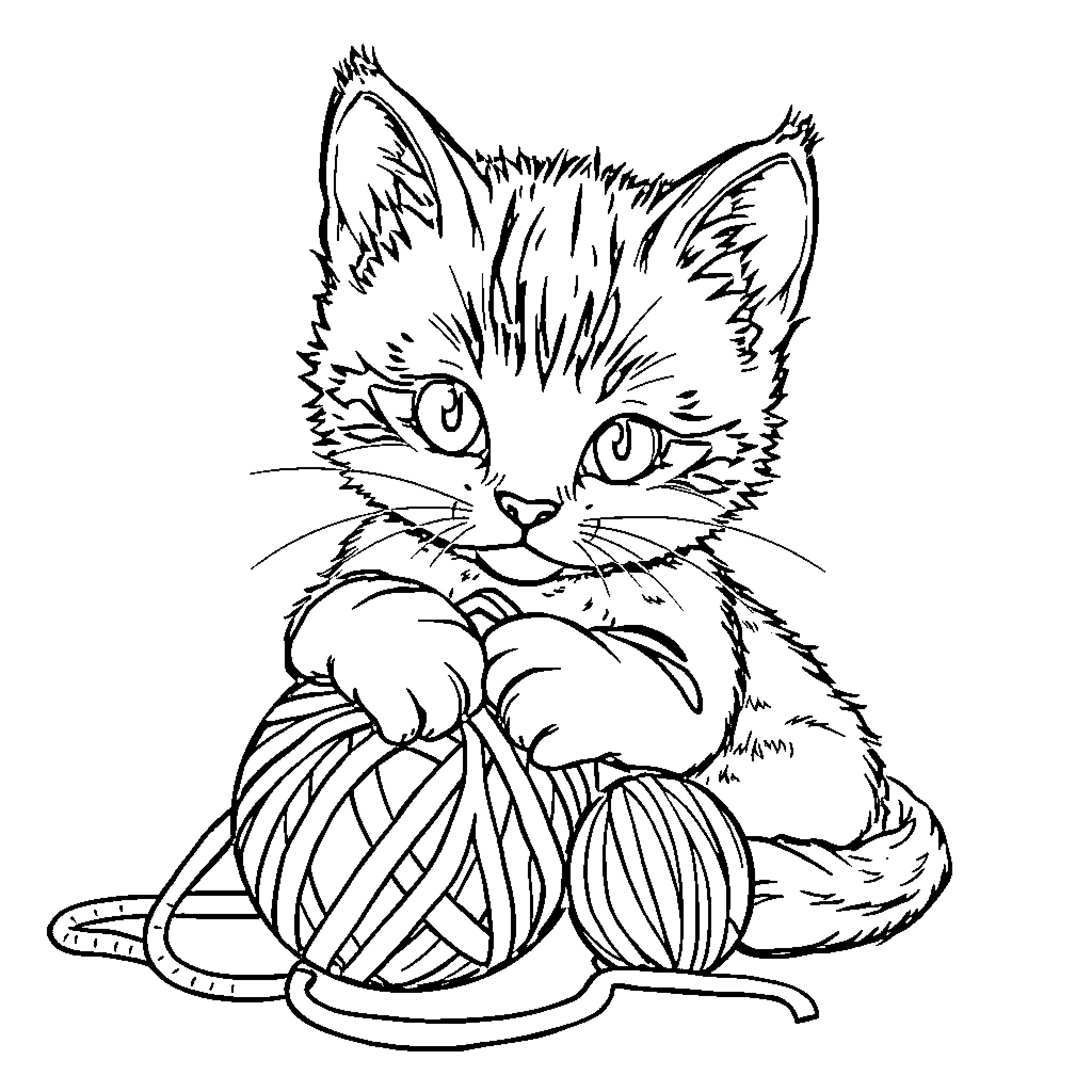 Kitty playing with yarn and string Coloring Page (free black-and-white line drawing printable PDF for all, from beginners to advanced learners, including children, teens, adults, and seniors)