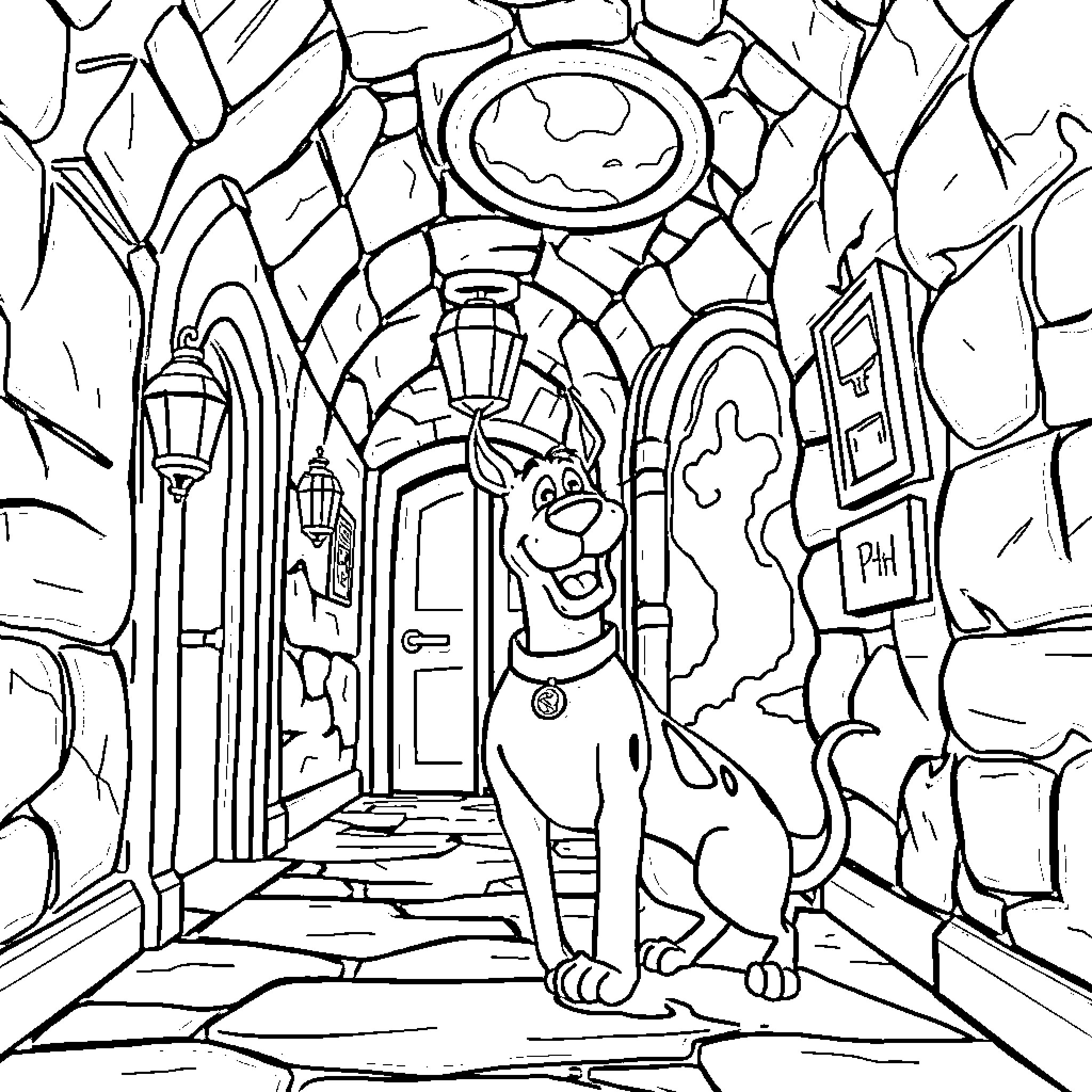Scooby Doo exploring a mysterious castle Coloring Page (free black-and-white line drawing printable PDF for all, from beginners to advanced learners, including children, teens, adults, and seniors)