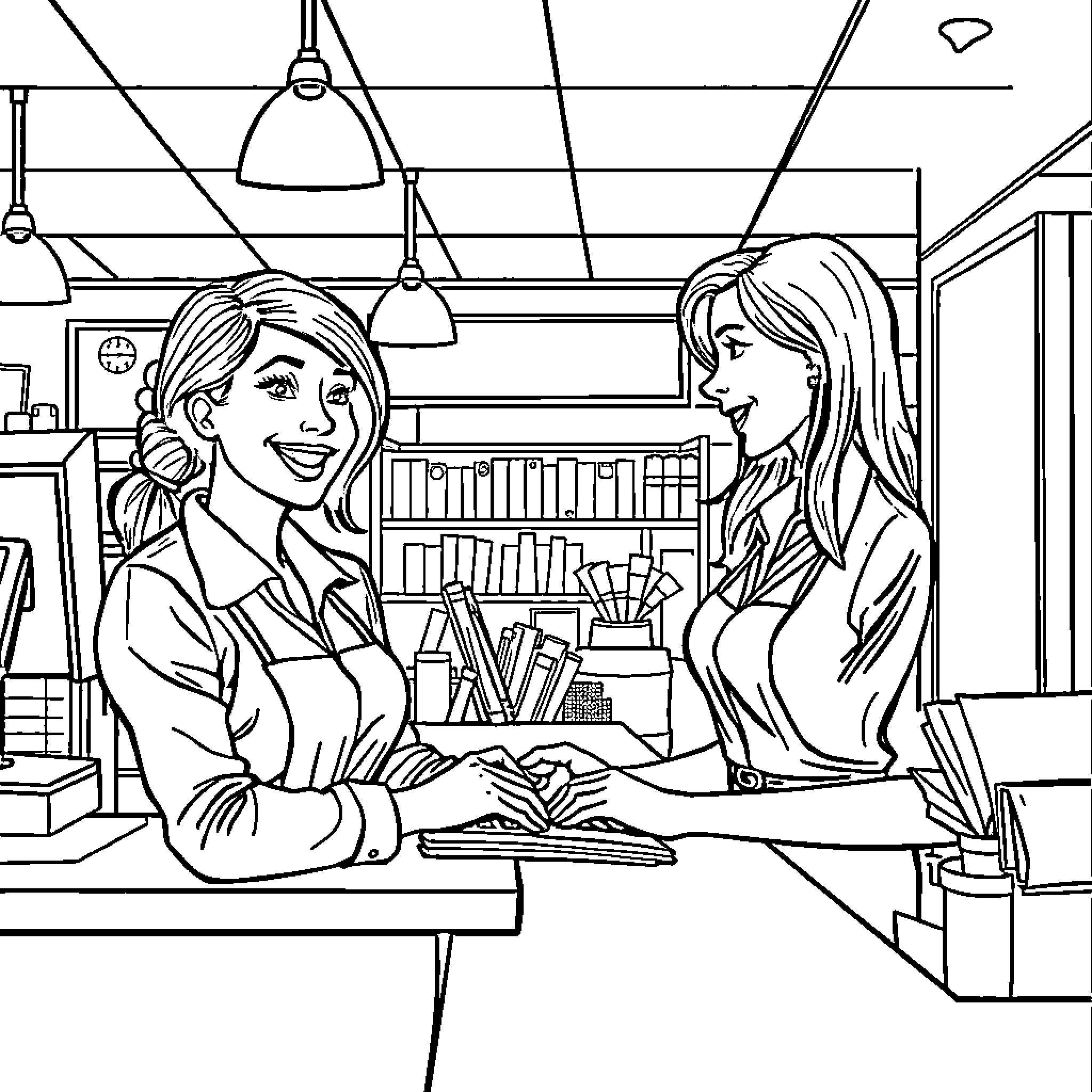 Service Advisor Assisting Customer at Desk Coloring Page (free black-and-white line drawing printable PDF for all, from beginners to advanced learners, including children, teens, adults, and seniors)