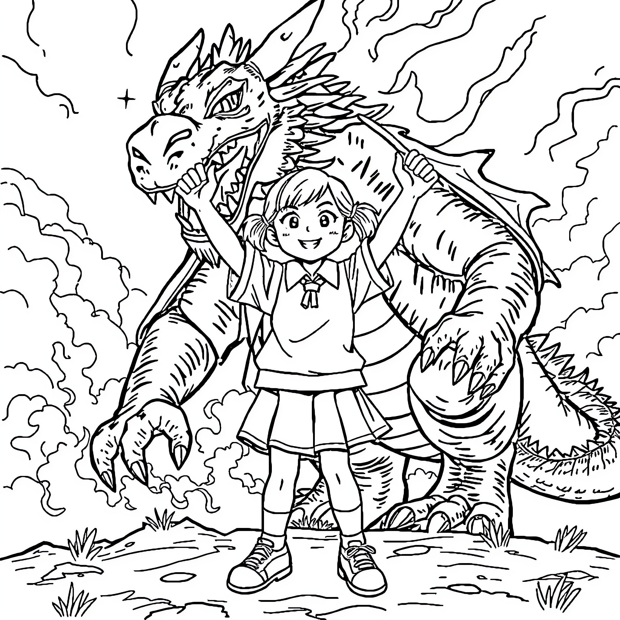 Schoolgirl encounters a fearsome dragon in the wilderness Coloring Page (free black-and-white line drawing printable PDF for all, from beginners to advanced learners, including children, teens, adults, and seniors)