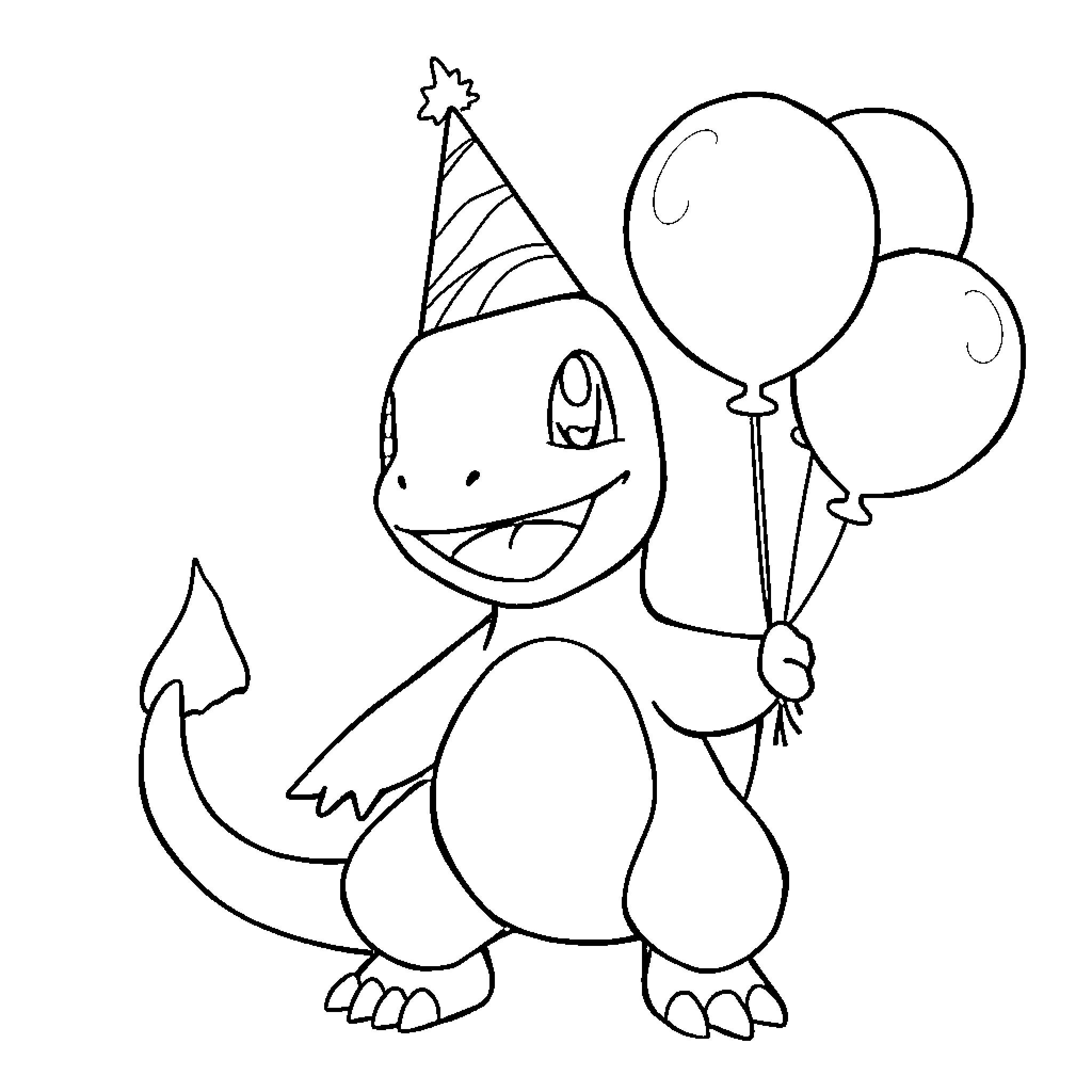 Charmander celebrating with balloons Coloring Page (free black-and-white line drawing printable PDF for all, from beginners to advanced learners, including children, teens, adults, and seniors)