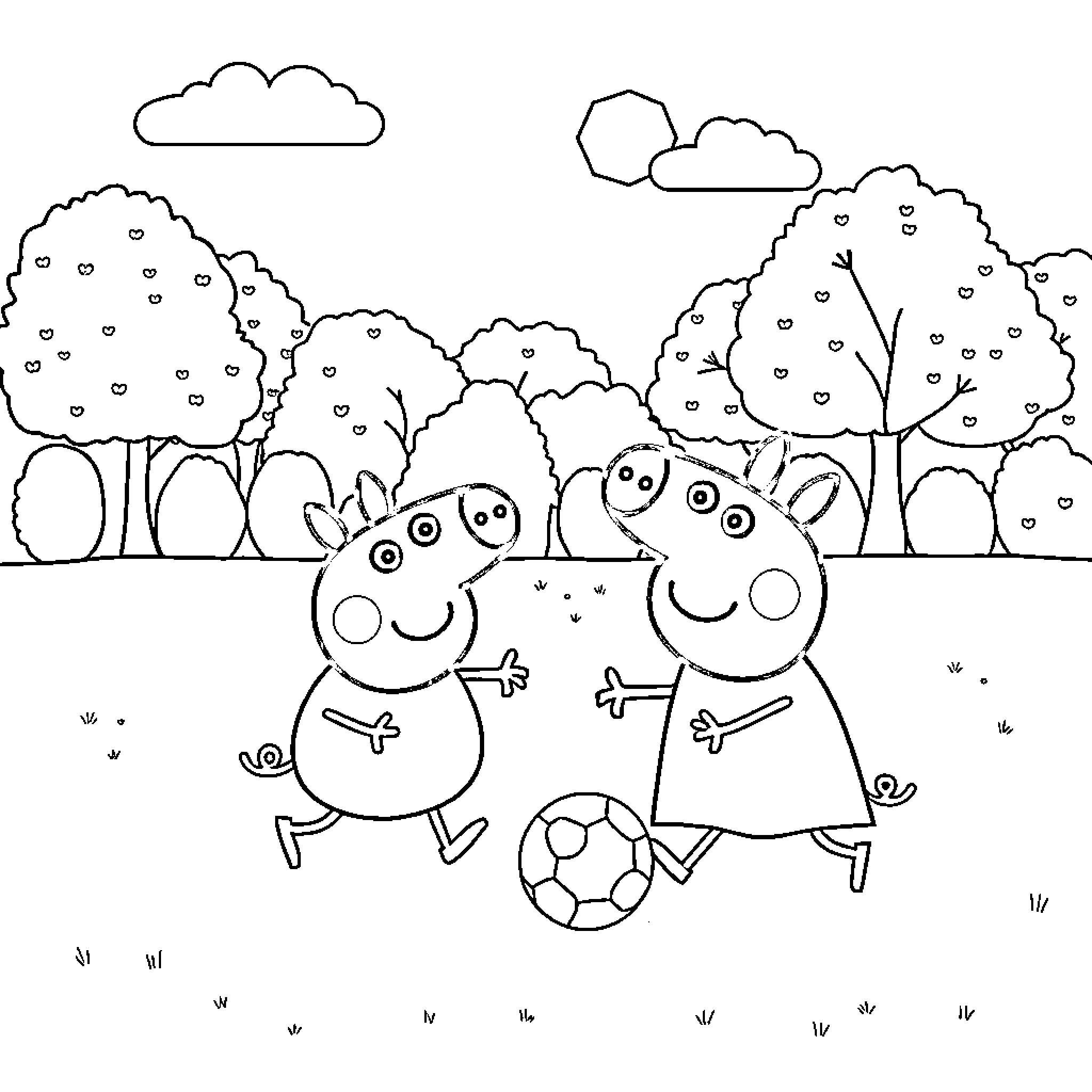 Peppa Pig and friends playing outdoors Coloring Page (free black-and-white line drawing printable PDF for all, from beginners to advanced learners, including children, teens, adults, and seniors)