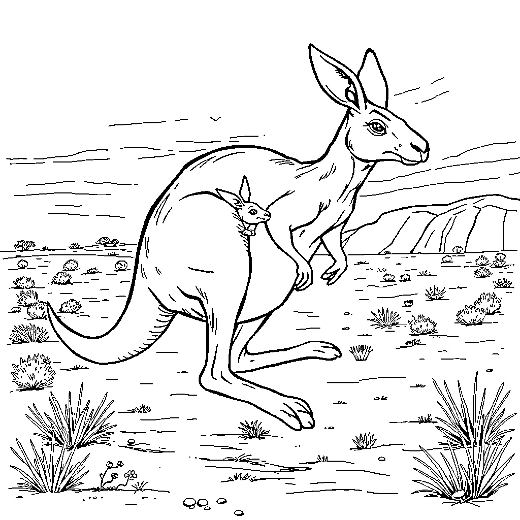 Kangaroo and joey in an Australian landscape Coloring Page (free black-and-white line drawing printable PDF for all, from beginners to advanced learners, including children, teens, adults, and seniors)
