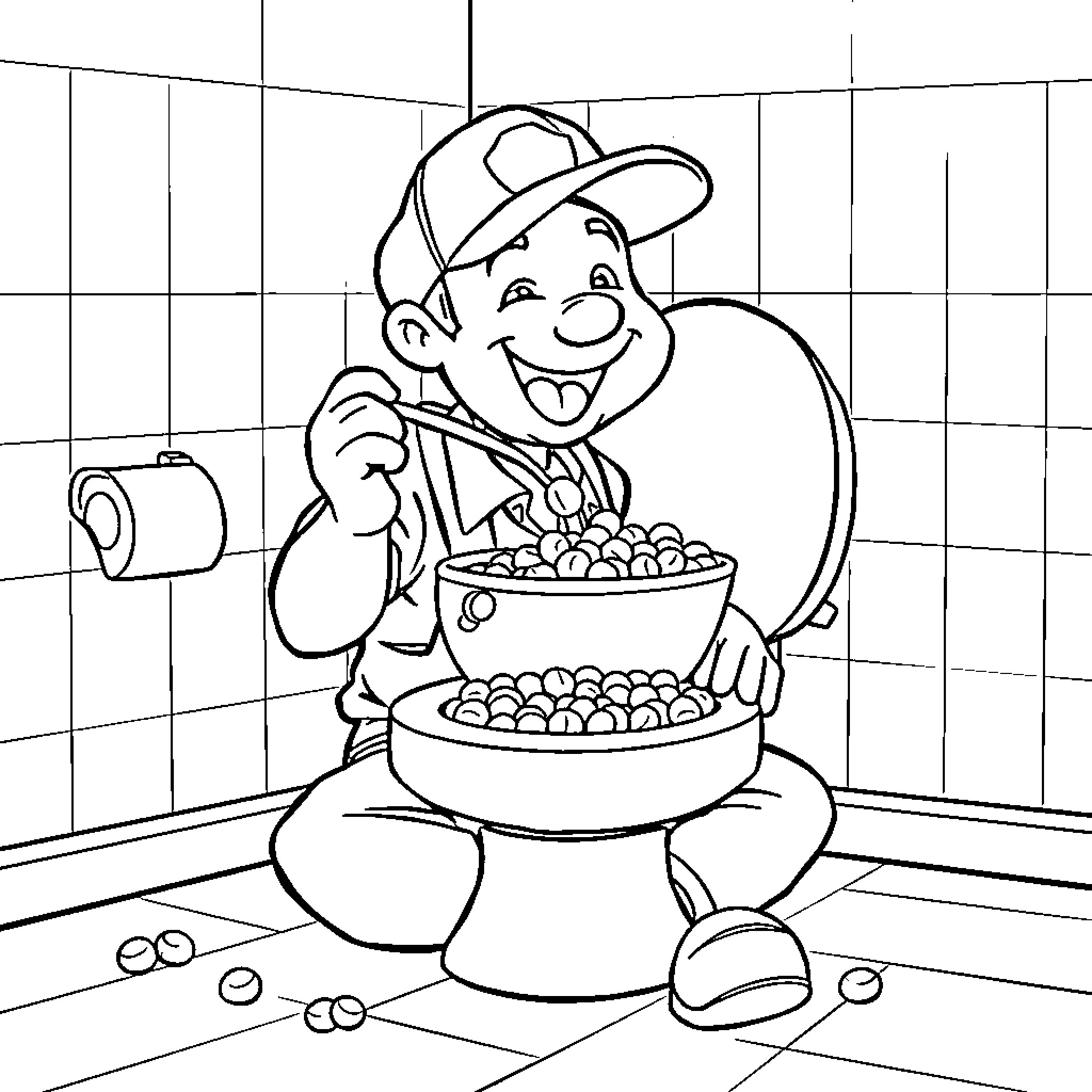 Plumber happily fixing a clogged toilet Coloring Page (free black-and-white line drawing printable PDF for all, from beginners to advanced learners, including children, teens, adults, and seniors)