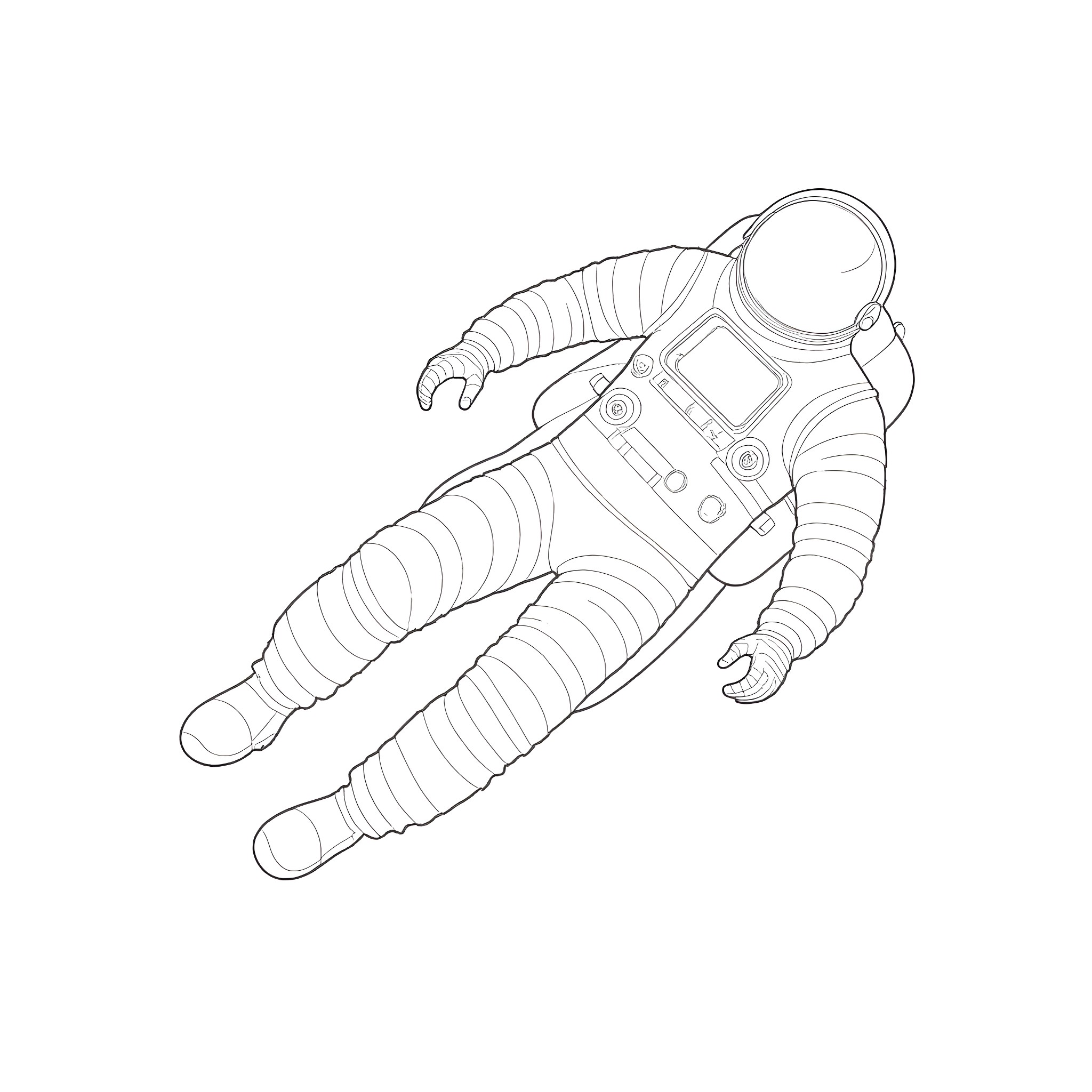 Astronaut floating in space Coloring Page (free black-and-white line drawing printable PDF for all, from beginners to advanced learners, including children, teens, adults, and seniors)