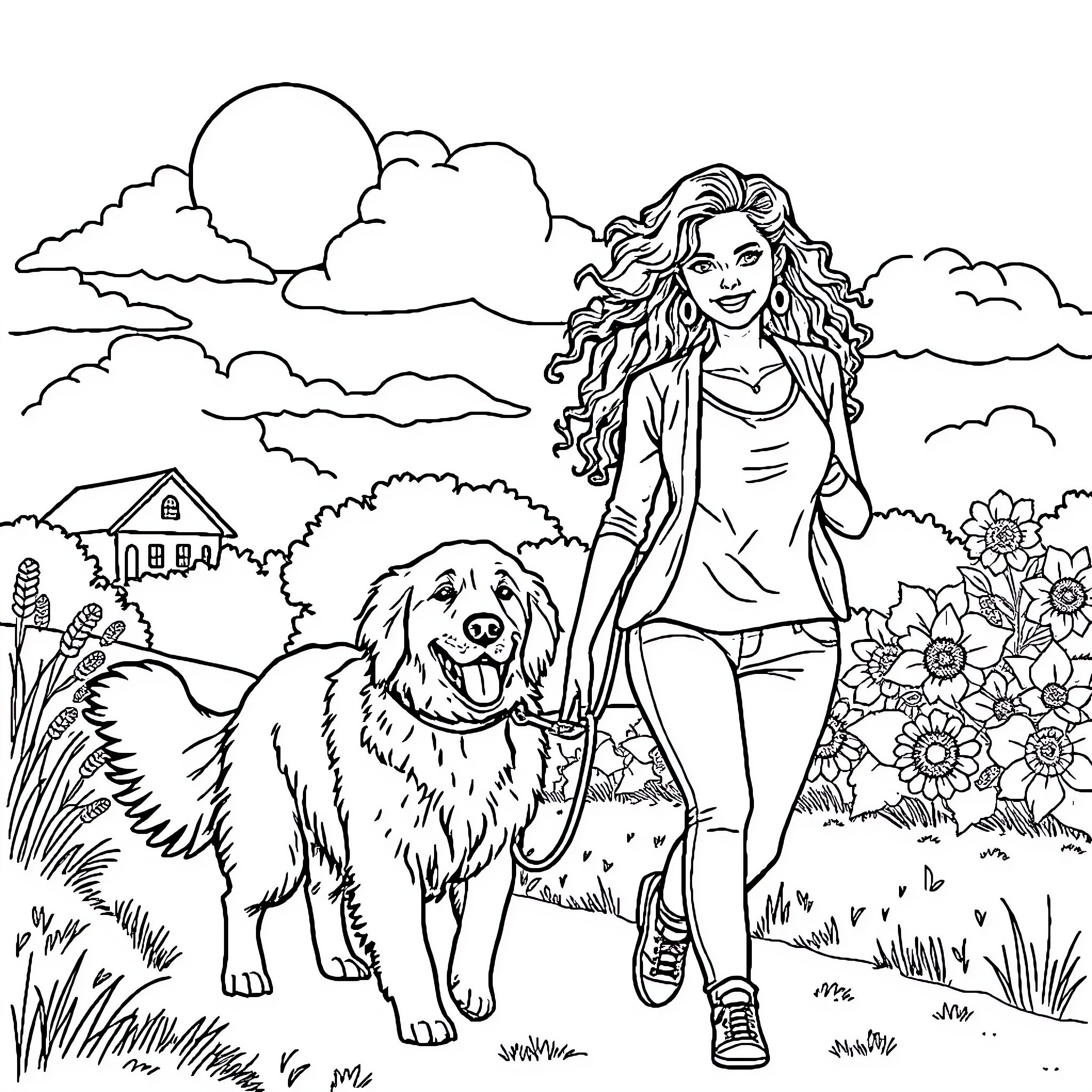 Woman walking her dog in a scenic outdoor setting Coloring Page (free black-and-white line drawing printable PDF for all, from beginners to advanced learners, including children, teens, adults, and seniors)