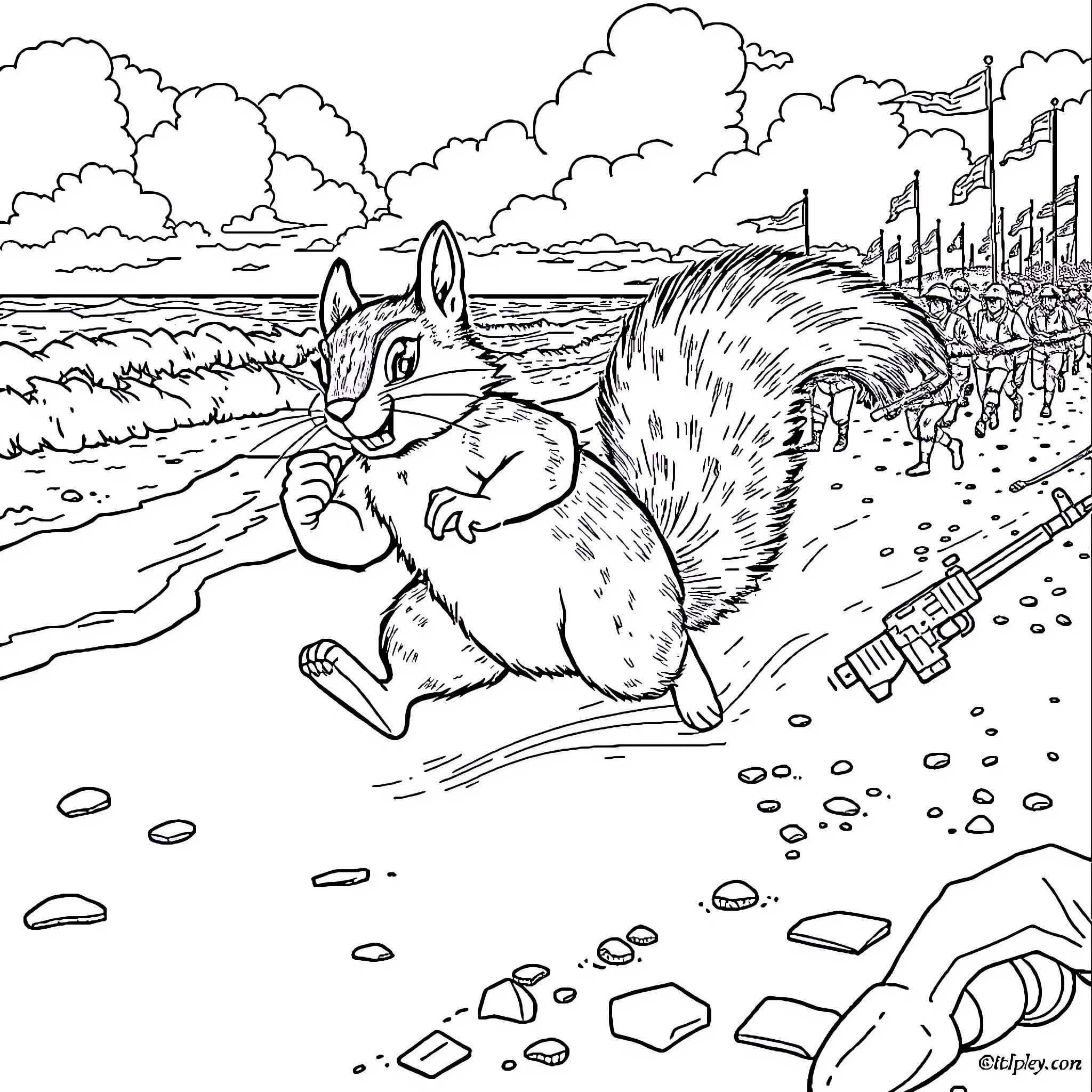 Squirrel scurrying through the battlefield Coloring Page (free black-and-white line drawing printable PDF for all, from beginners to advanced learners, including children, teens, adults, and seniors)