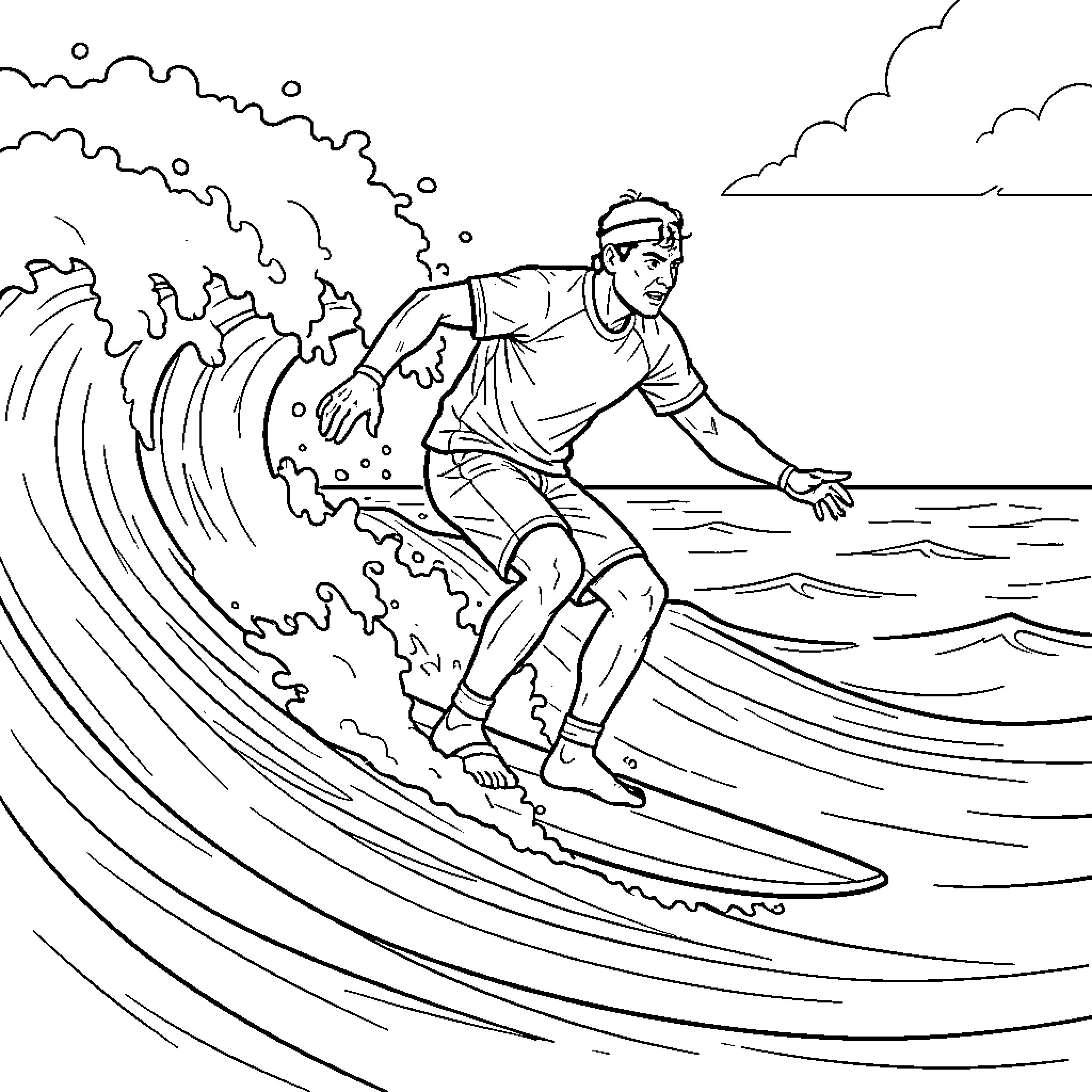 Nadal surfing on a large ocean wave Coloring Page (free black-and-white line drawing printable PDF for all, from beginners to advanced learners, including children, teens, adults, and seniors)
