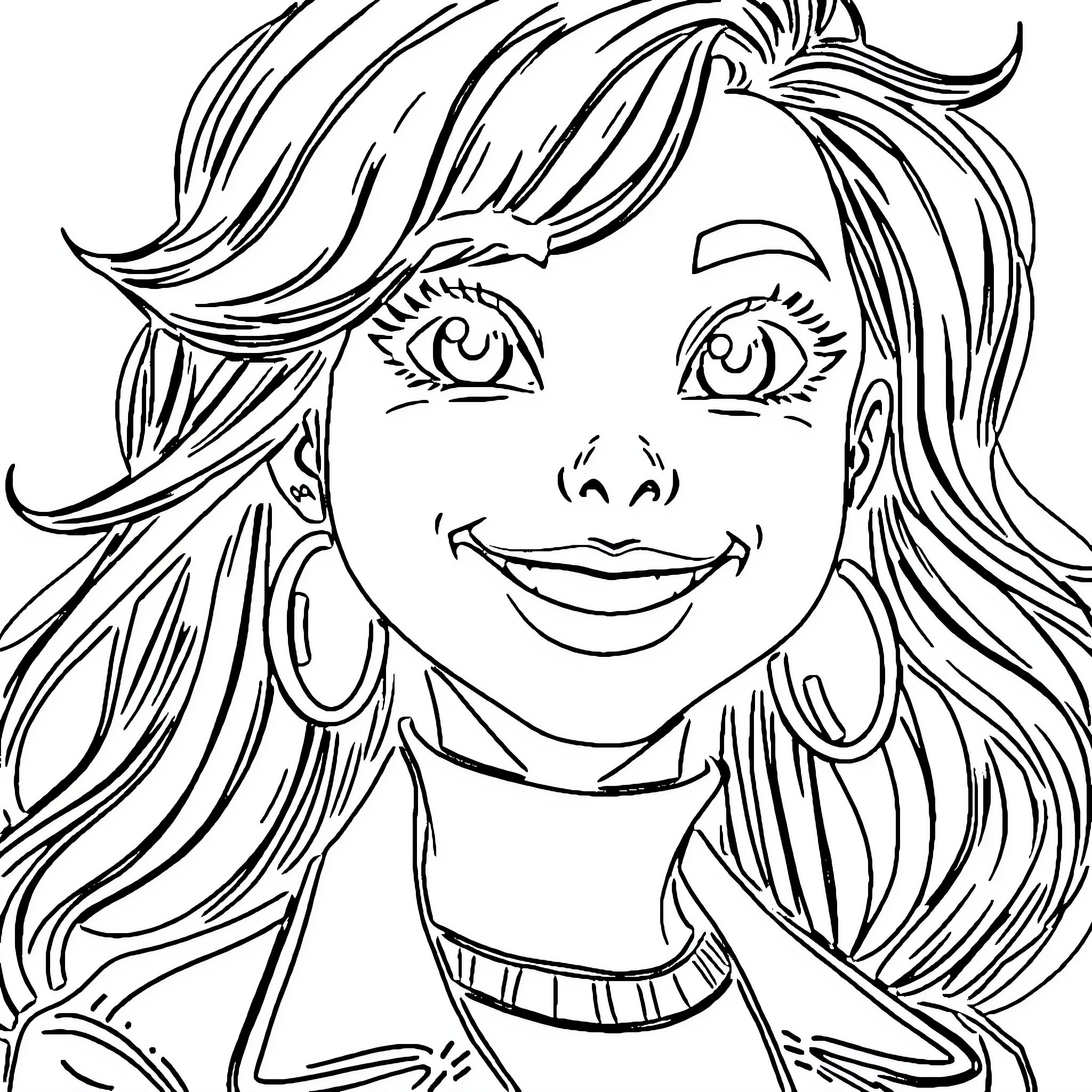 Girl smiling with wavy hair Coloring Page (free black-and-white line drawing printable PDF for all, from beginners to advanced learners, including children, teens, adults, and seniors)