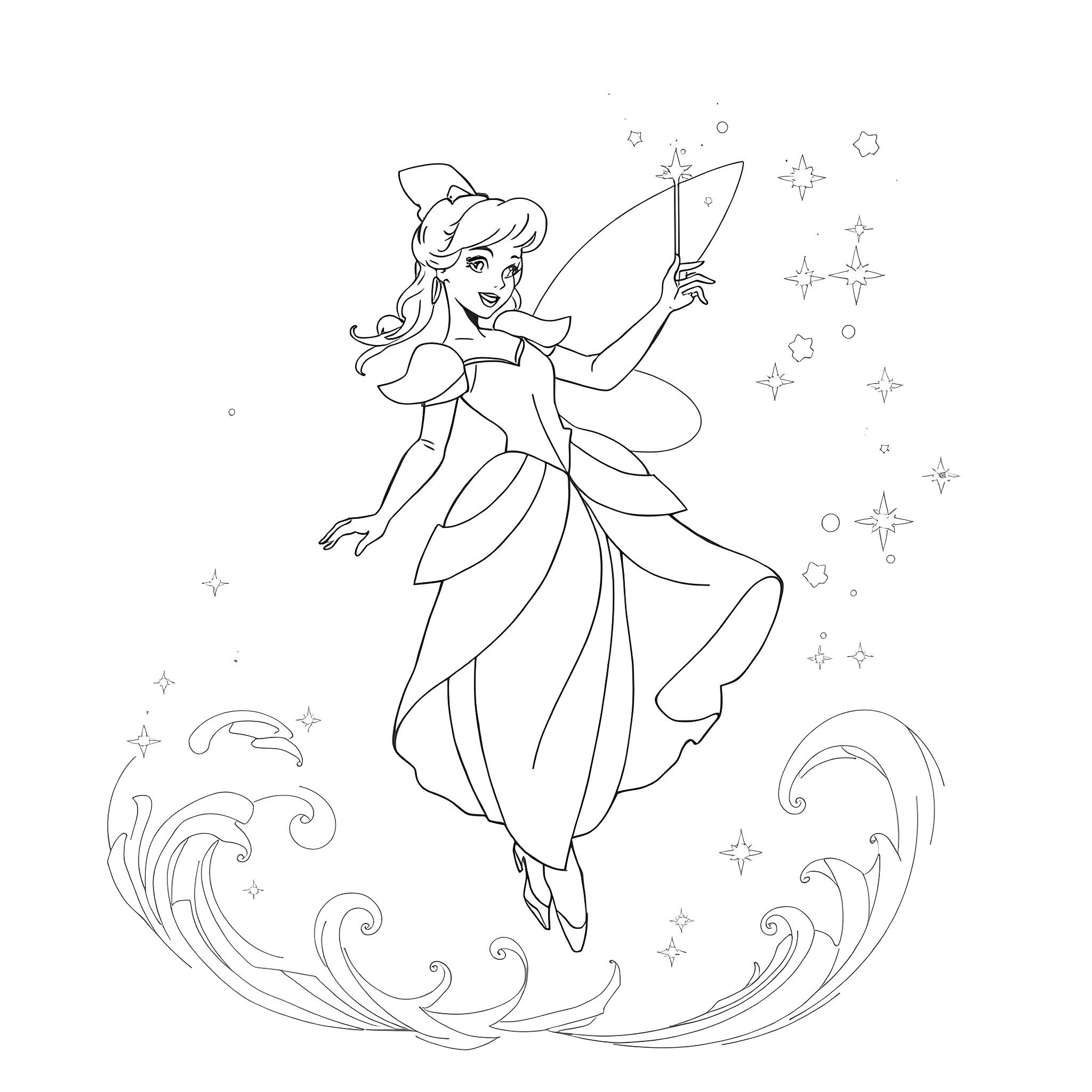 Cinderella casting magical spells with her wand Coloring Page (free black-and-white line drawing printable PDF for all, from beginners to advanced learners, including children, teens, adults, and seniors)