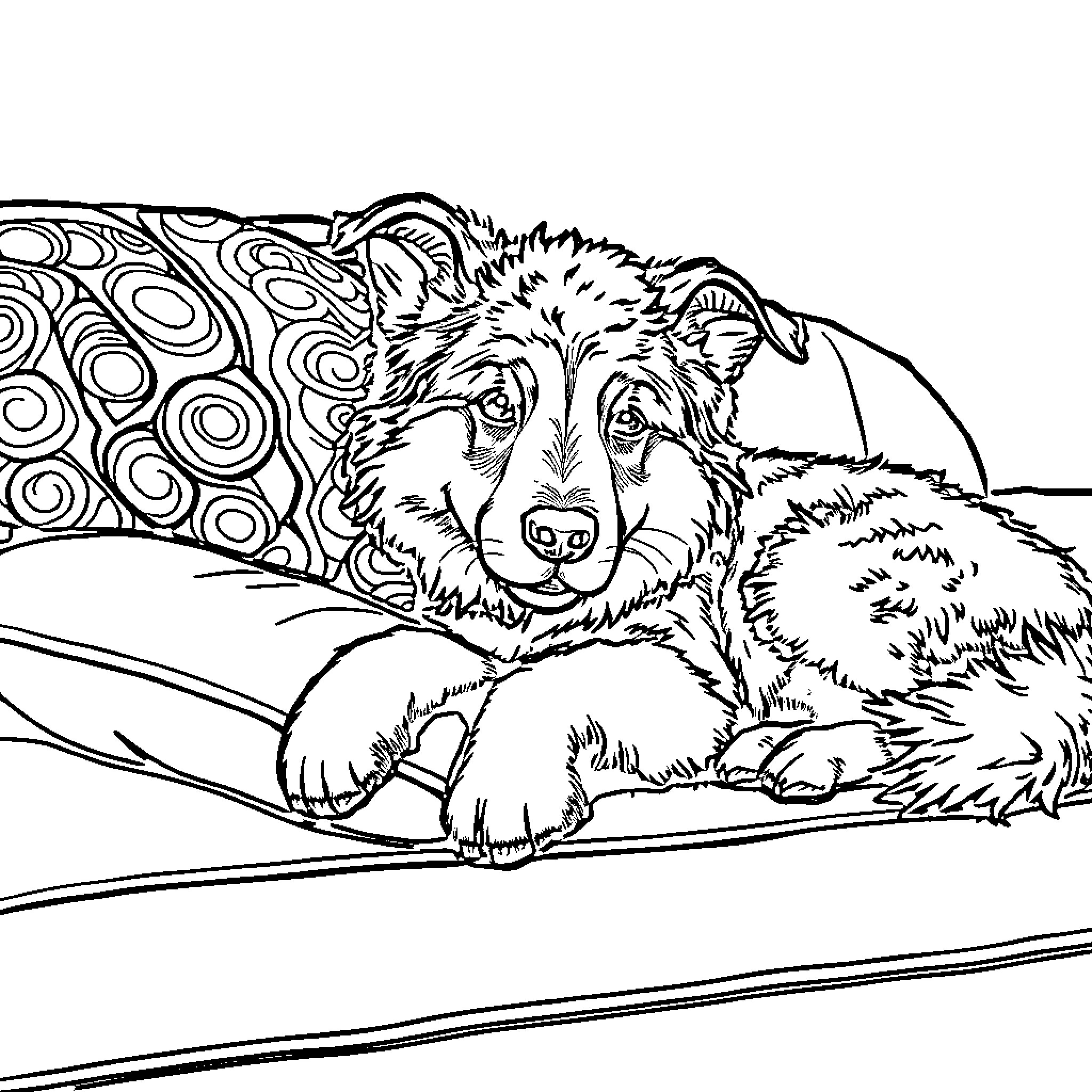 Sheep Dog Resting in Decorated Landscape Coloring Page (free black-and-white line drawing printable PDF for all, from beginners to advanced learners, including children, teens, adults, and seniors)