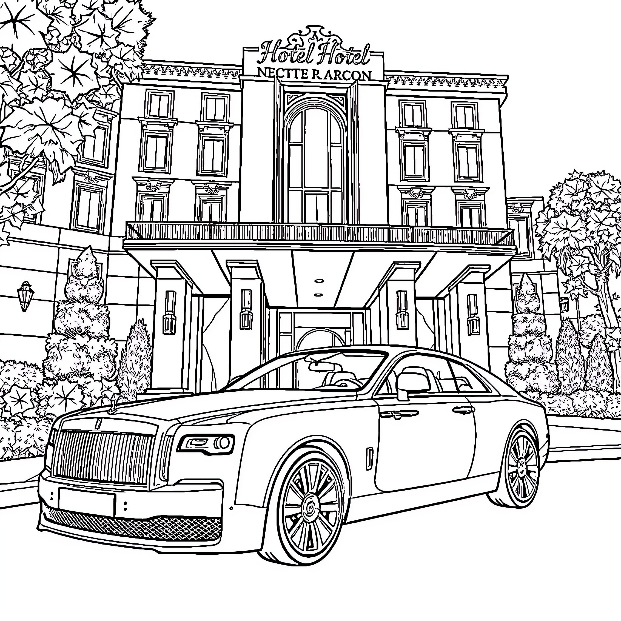 Luxury Car parked in front of a grand hotel Coloring Page (free black-and-white line drawing printable PDF for all, from beginners to advanced learners, including children, teens, adults, and seniors)