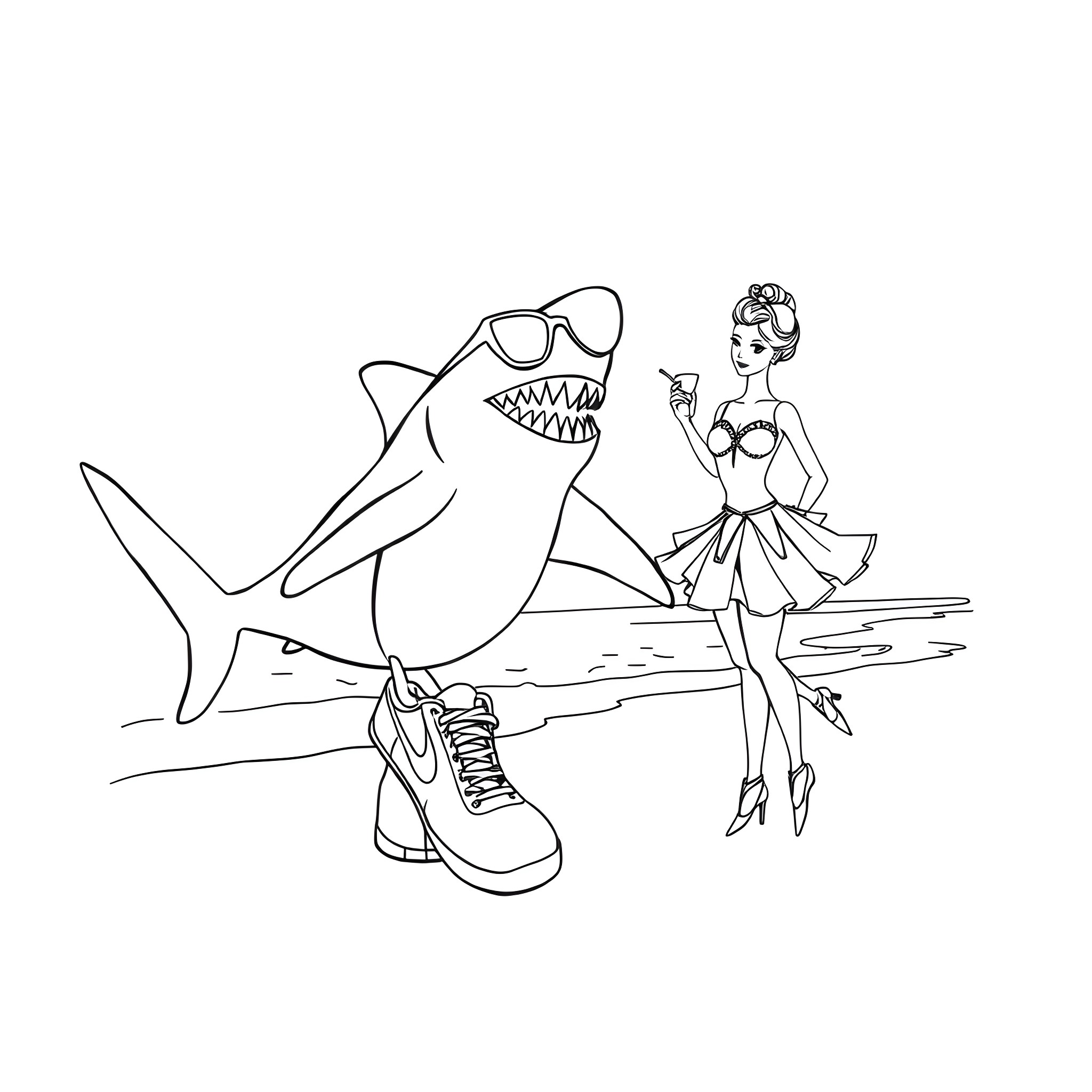 Shark encounters glamorous beachgoer Coloring Page (free black-and-white line drawing printable PDF for all, from beginners to advanced learners, including children, teens, adults, and seniors)