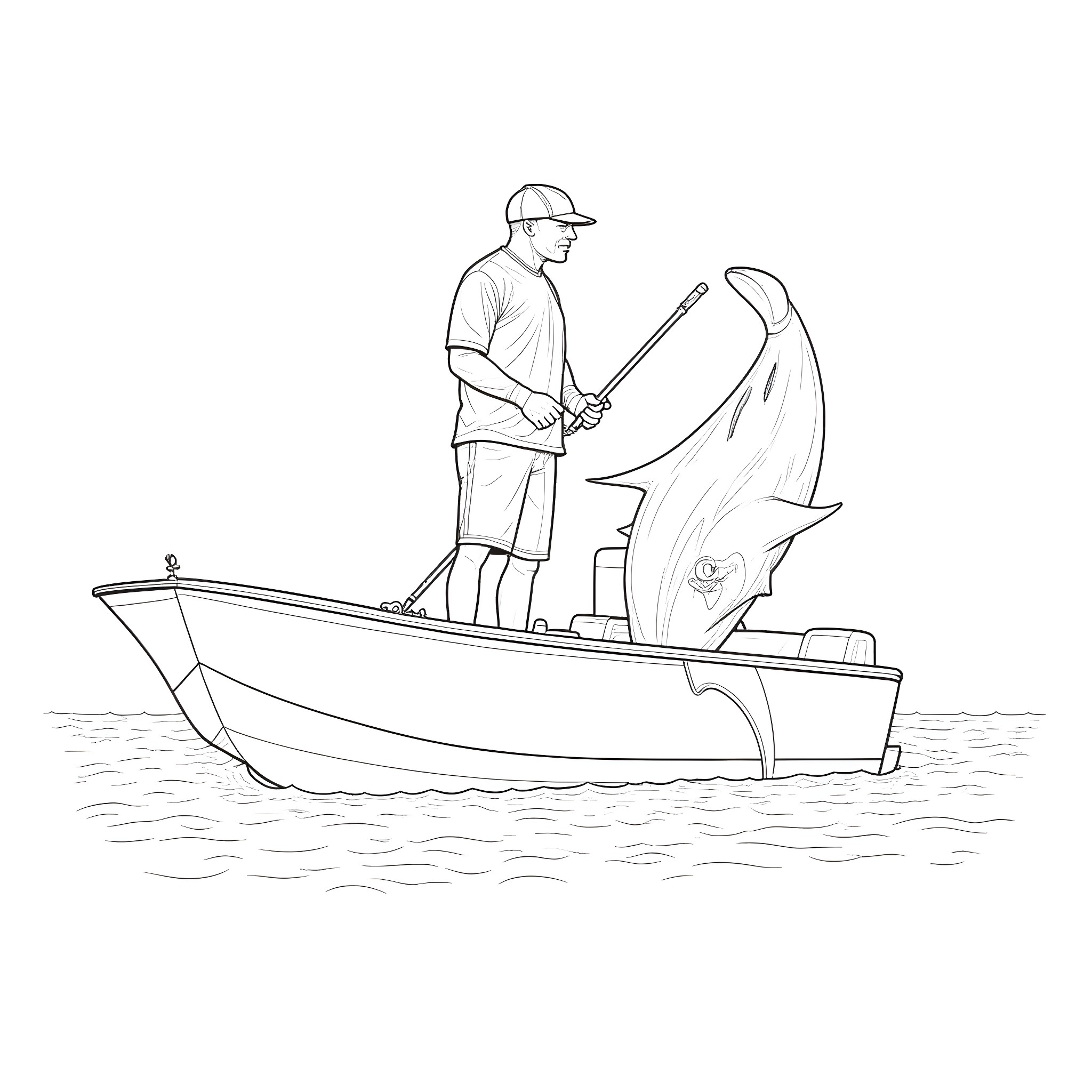 Deion Sanders fishing with a giant catch in a boat Coloring Page (free black-and-white line drawing printable PDF for all, from beginners to advanced learners, including children, teens, adults, and seniors)