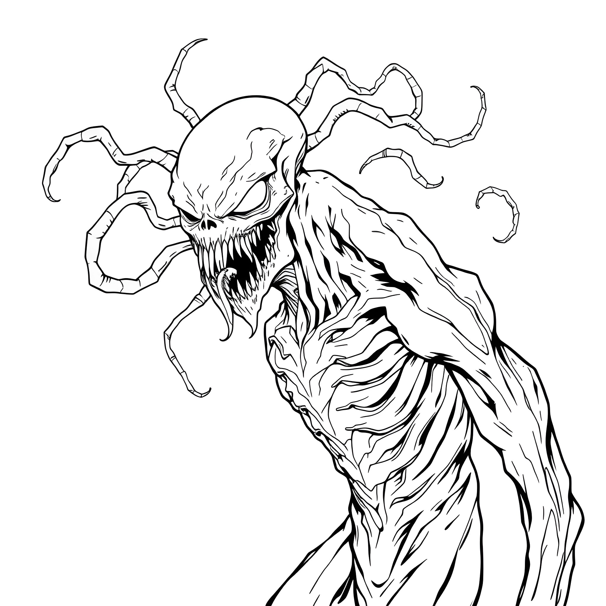 Bizarnage - Grotesque Alien Creature with Menacing Tentacles Coloring Page (free black-and-white line drawing printable PDF for all, from beginners to advanced learners, including children, teens, adults, and seniors)