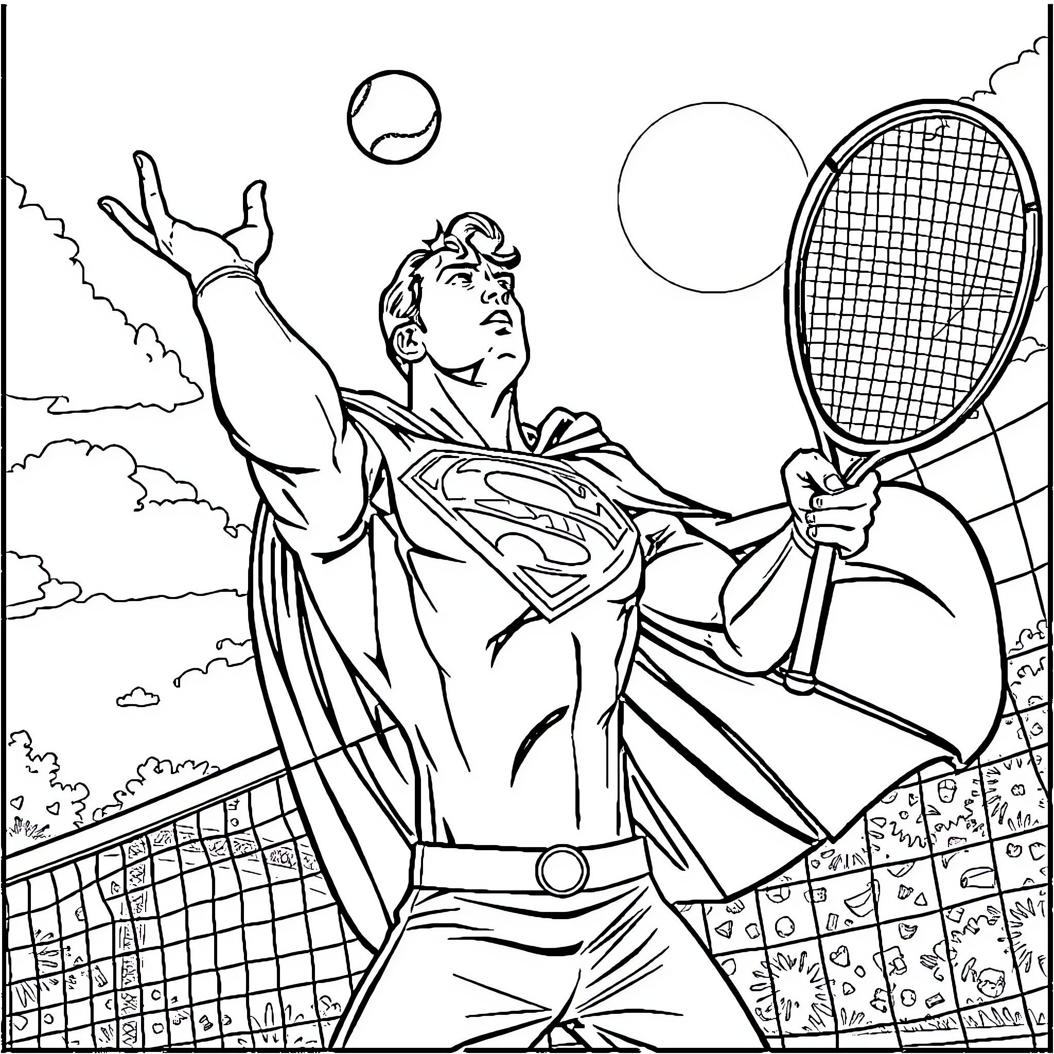 Superman's Tennis Triumph Coloring Page (free black-and-white line drawing printable PDF for all, from beginners to advanced learners, including children, teens, adults, and seniors)