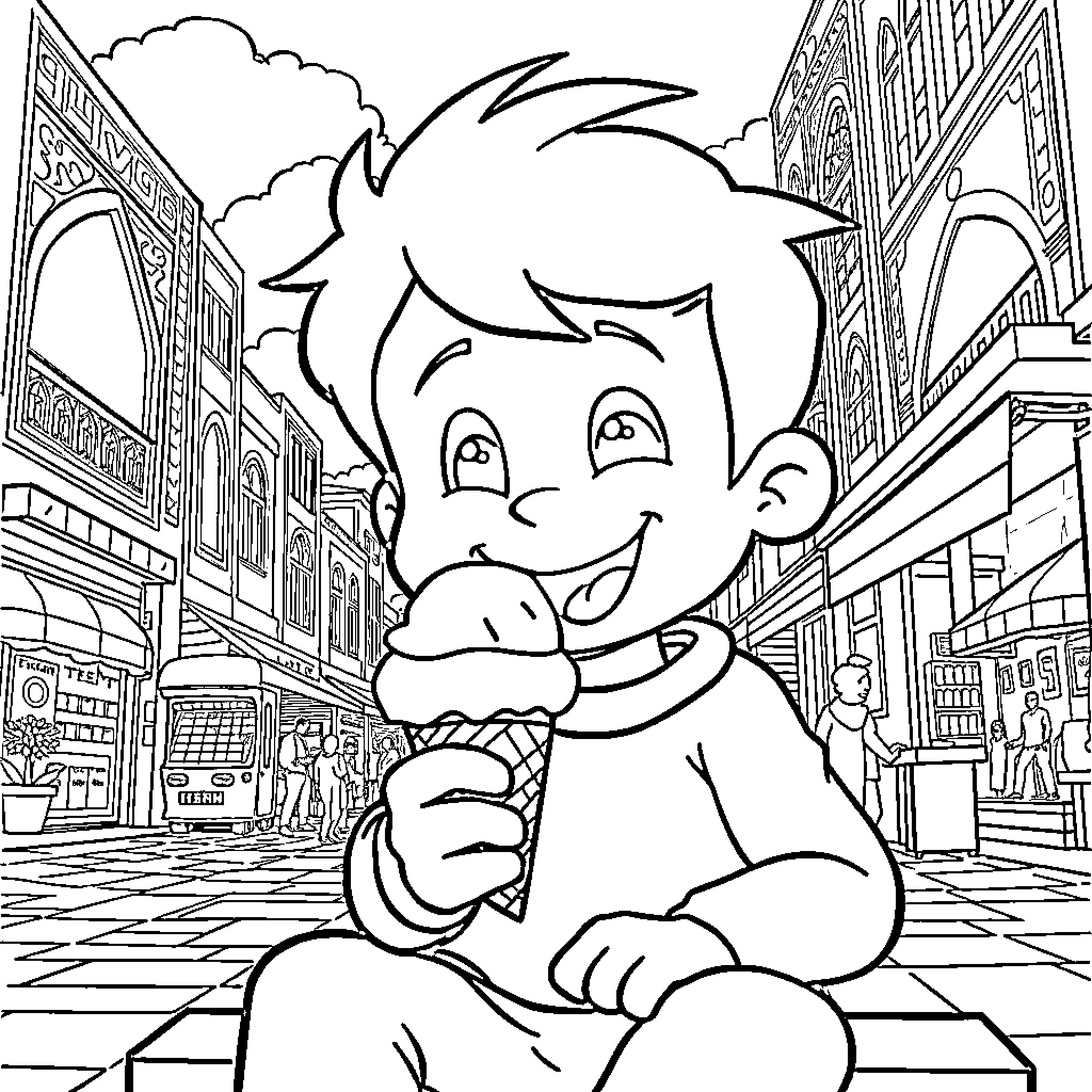 Newton's Joyful City Adventure Coloring Page (free black-and-white line drawing printable PDF for all, from beginners to advanced learners, including children, teens, adults, and seniors)
