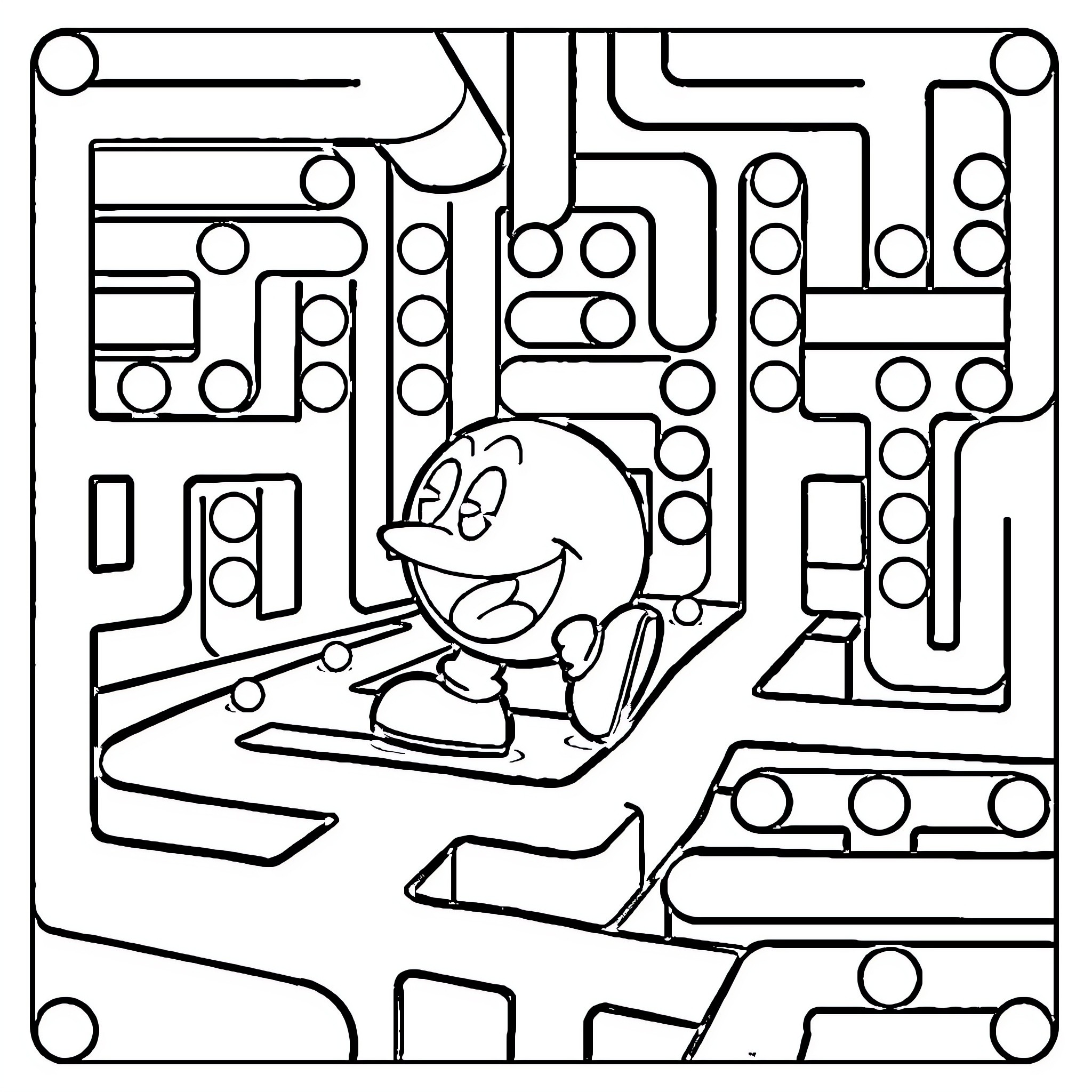 Pacman navigating a complex maze Coloring Page (free black-and-white line drawing printable PDF for all, from beginners to advanced learners, including children, teens, adults, and seniors)