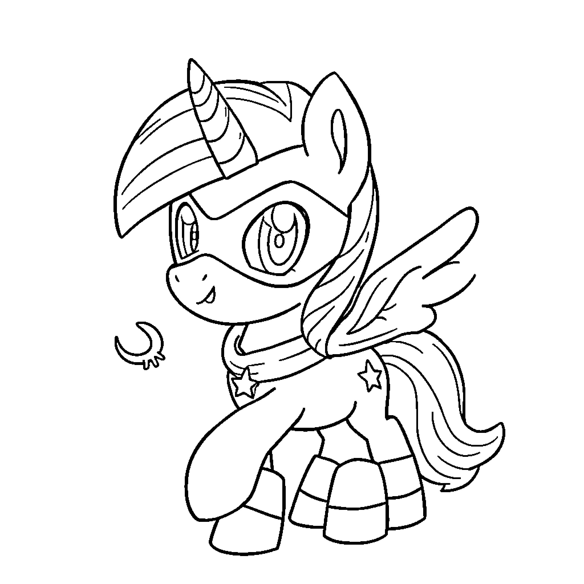 Pony with Whimsical Accessories Soaring Joyfully Coloring Page (free black-and-white line drawing printable PDF for all, from beginners to advanced learners, including children, teens, adults, and seniors)