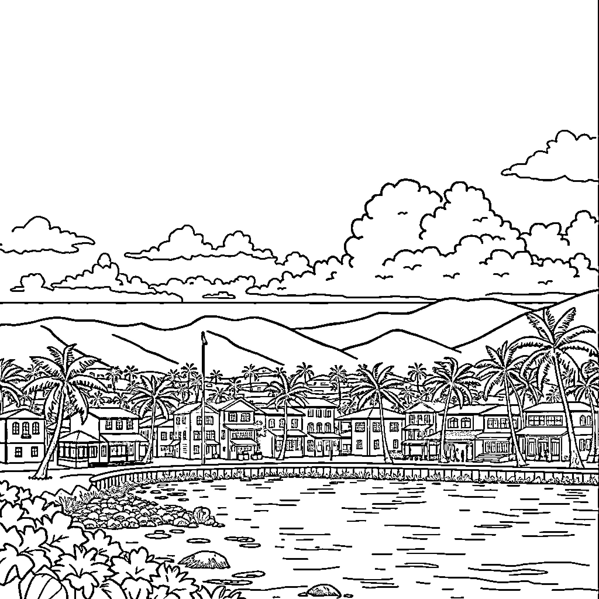Hilo: Coastal town with palm trees and mountains Coloring Page (free black-and-white line drawing printable PDF for all, from beginners to advanced learners, including children, teens, adults, and seniors)