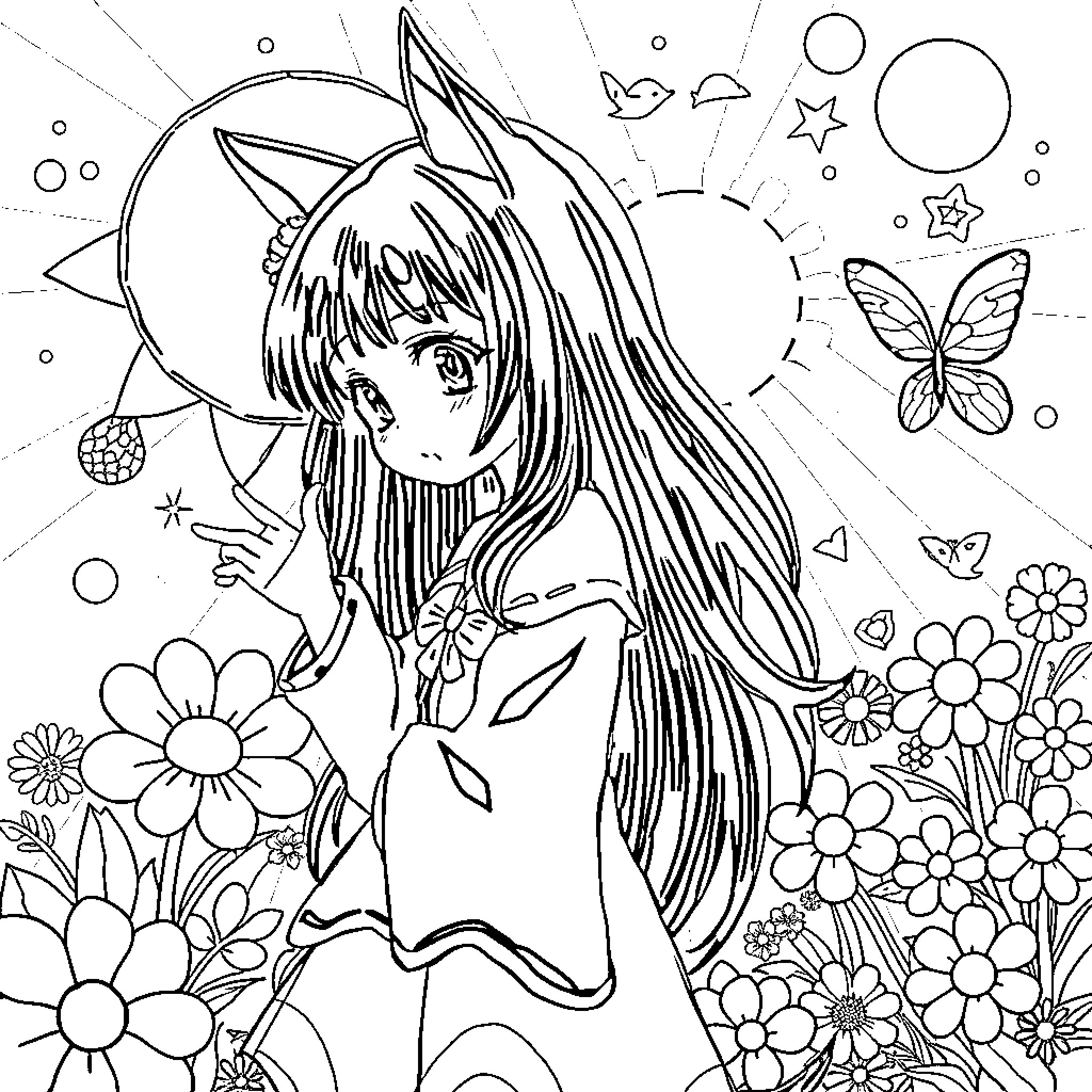 Kuromi enjoying a whimsical floral scene Coloring Page (free black-and-white line drawing printable PDF for all, from beginners to advanced learners, including children, teens, adults, and seniors)