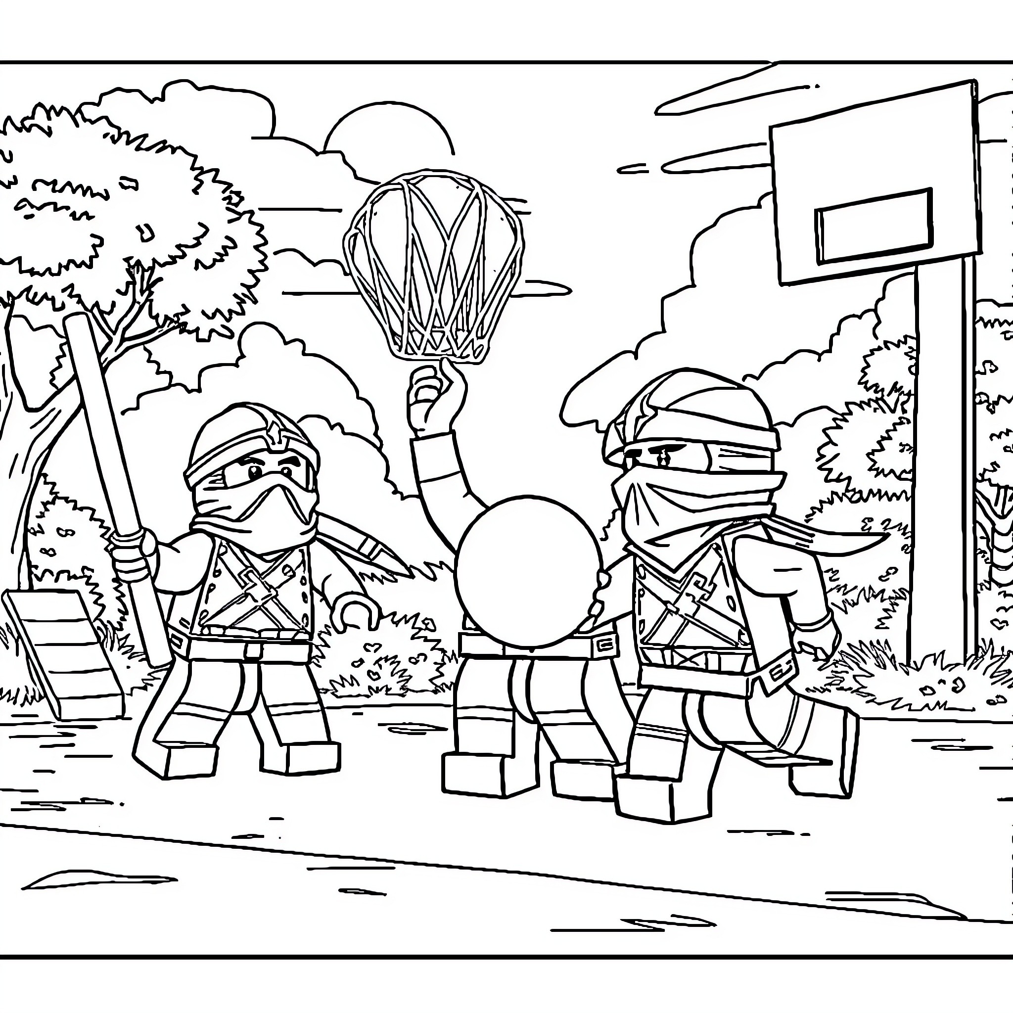 Ninjago characters in action-packed scene Coloring Page (free black-and-white line drawing printable PDF for all, from beginners to advanced learners, including children, teens, adults, and seniors)