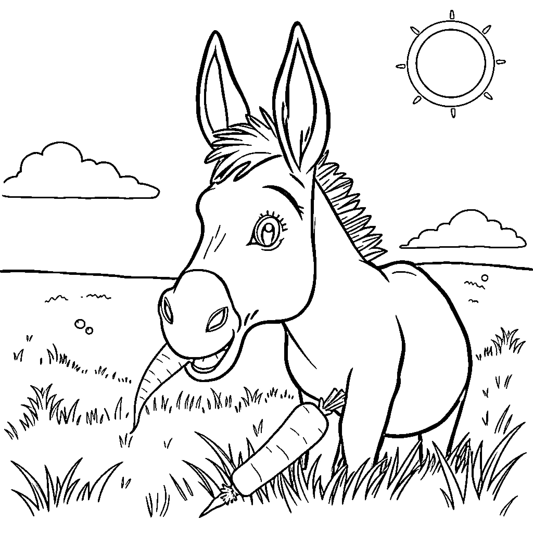 Donkey relaxing in the peaceful meadow Coloring Page (free black-and-white line drawing printable PDF for all, from beginners to advanced learners, including children, teens, adults, and seniors)