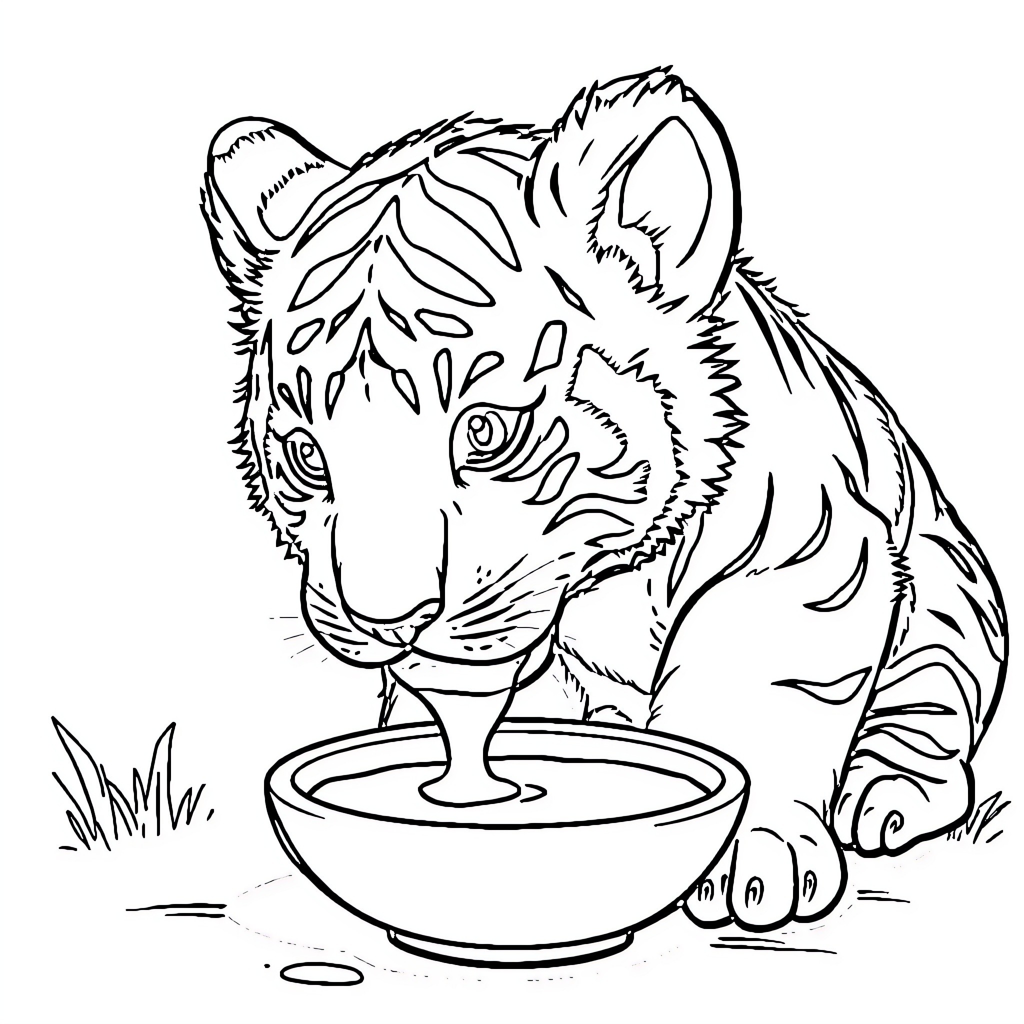 Tiger Drinking Water from a Bowl Coloring Page (free black-and-white line drawing printable PDF for all, from beginners to advanced learners, including children, teens, adults, and seniors)