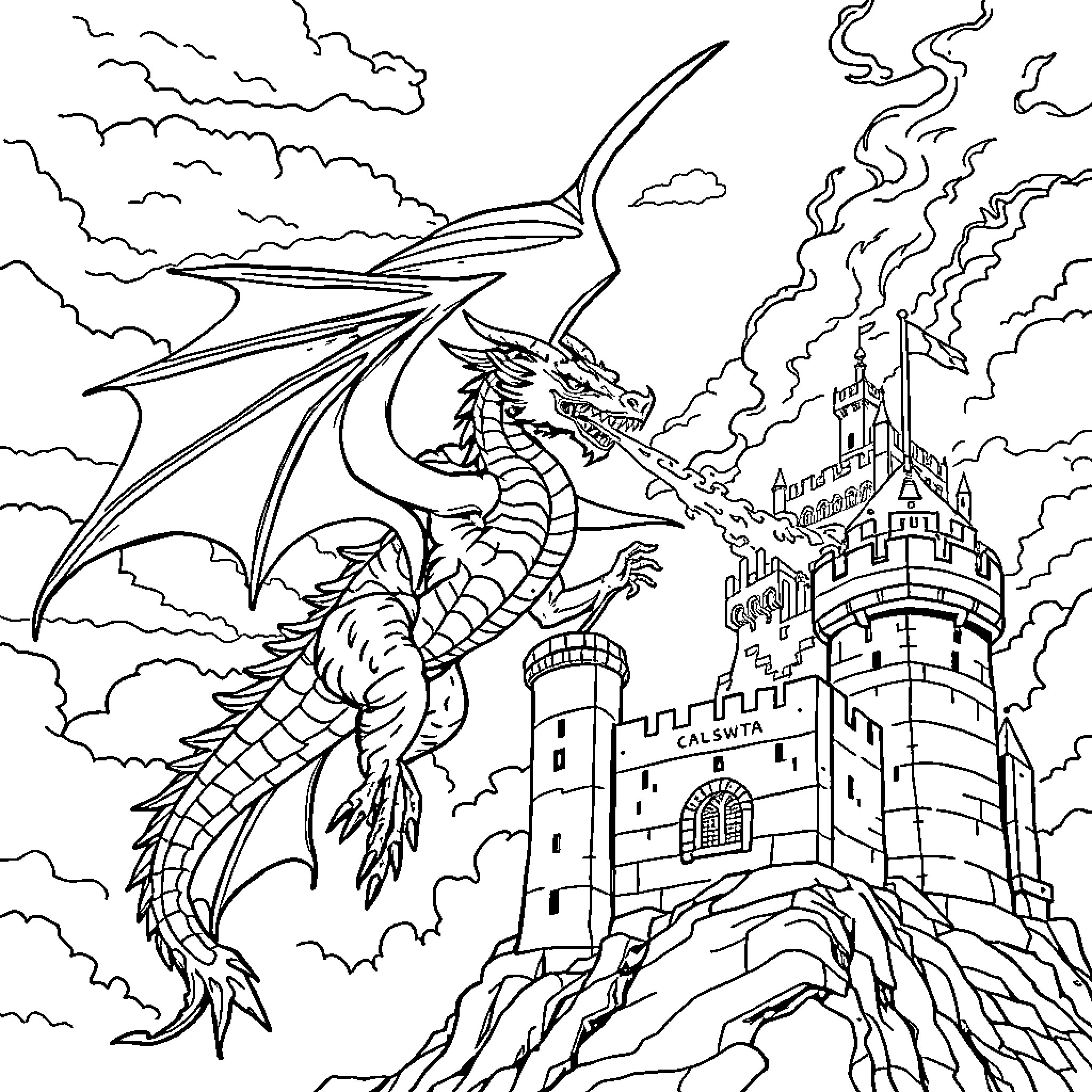 Dragon soaring over a magnificent medieval castle Coloring Page (free black-and-white line drawing printable PDF for all, from beginners to advanced learners, including children, teens, adults, and seniors)