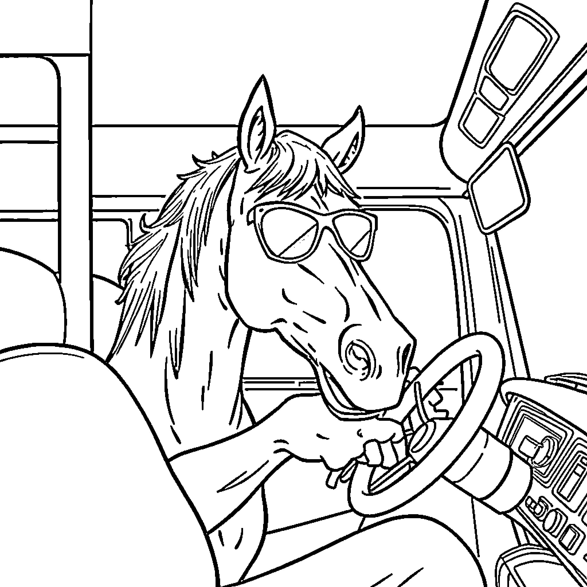 Horse in sunglasses driving a vehicle Coloring Page (free black-and-white line drawing printable PDF for all, from beginners to advanced learners, including children, teens, adults, and seniors)