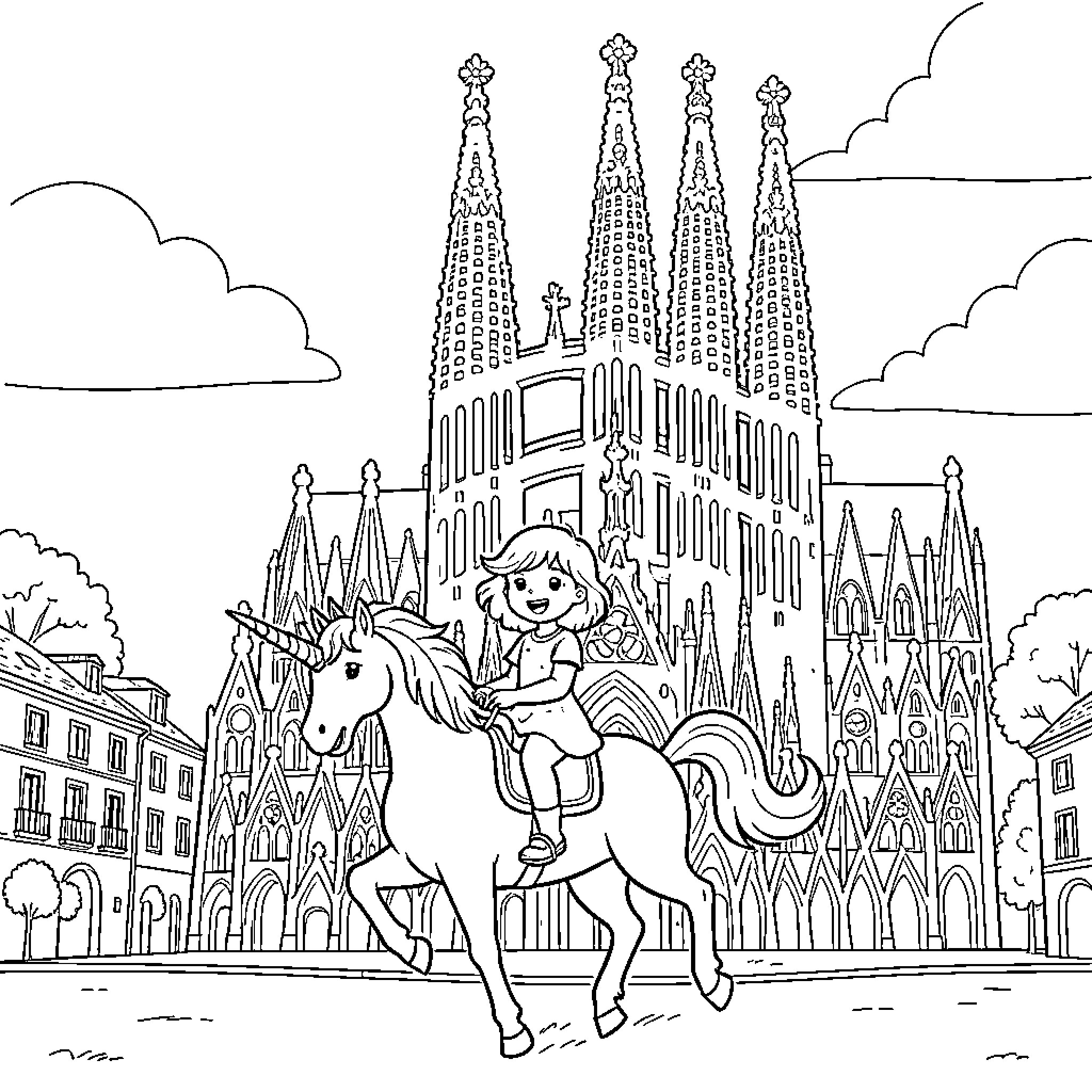 Unicorn rider exploring the magical city Coloring Page (free black-and-white line drawing printable PDF for all, from beginners to advanced learners, including children, teens, adults, and seniors)