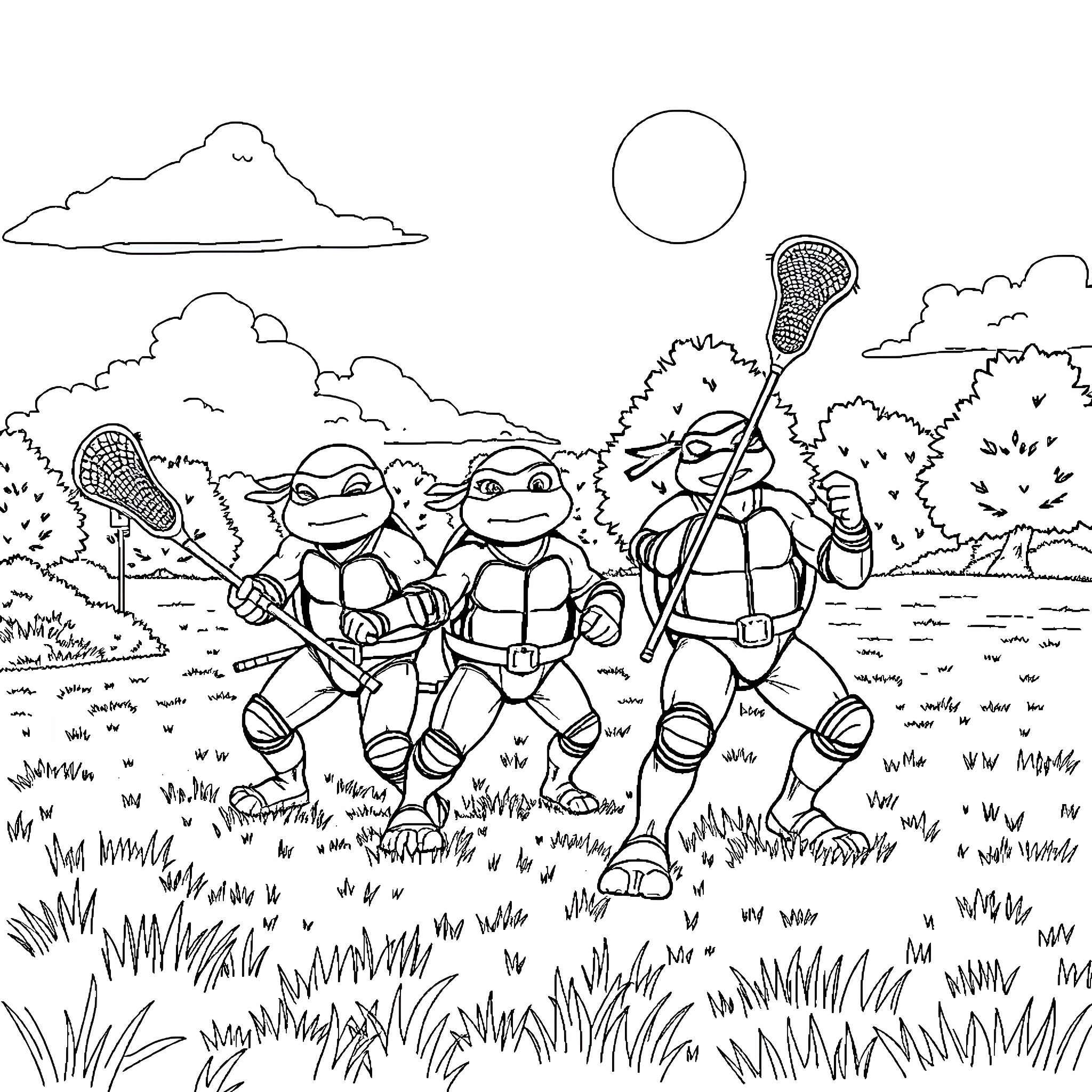 Teenage Mutant Ninja Turtles playing lacrosse in nature Coloring Page (free black-and-white line drawing printable PDF for all, from beginners to advanced learners, including children, teens, adults, and seniors)
