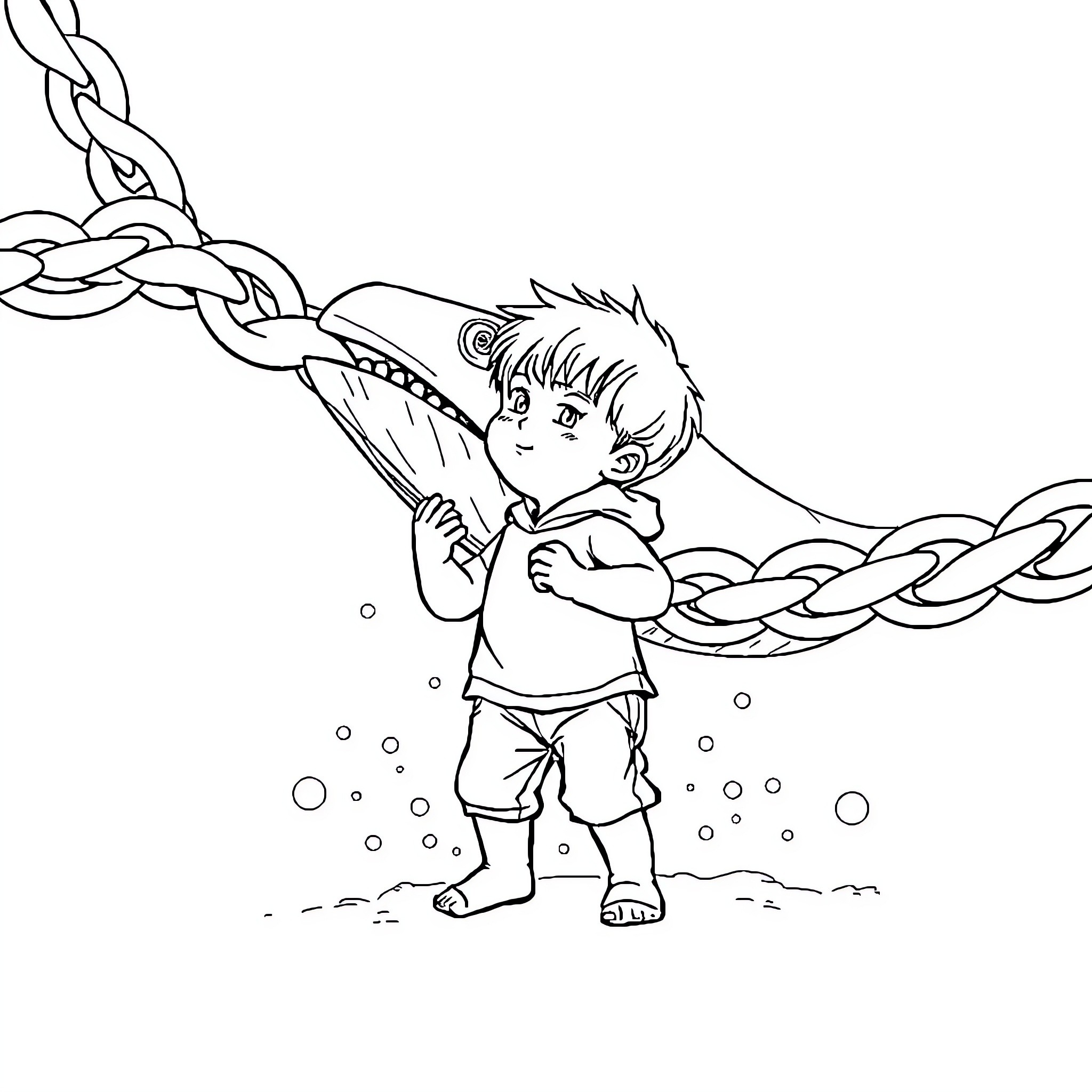 Giant Chains Entangling Young Boy on the Beach Coloring Page (free black-and-white line drawing printable PDF for all, from beginners to advanced learners, including children, teens, adults, and seniors)