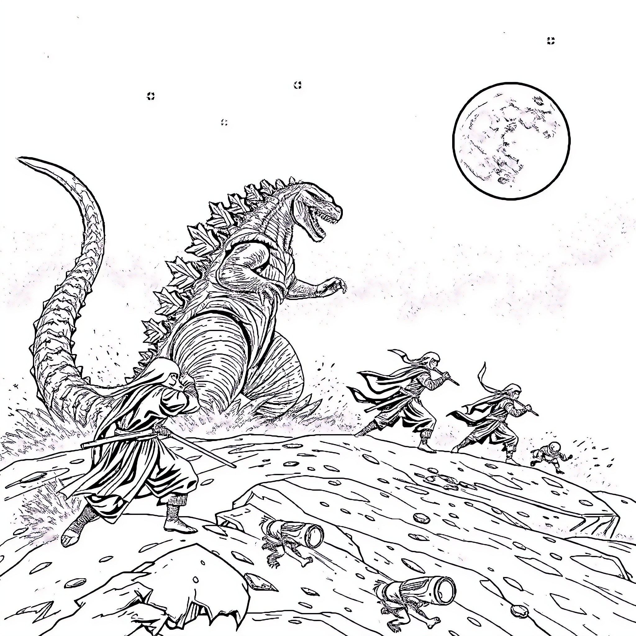 Ninja warriors battling a giant lizard under the moonlight Coloring Page (free black-and-white line drawing printable PDF for all, from beginners to advanced learners, including children, teens, adults, and seniors)