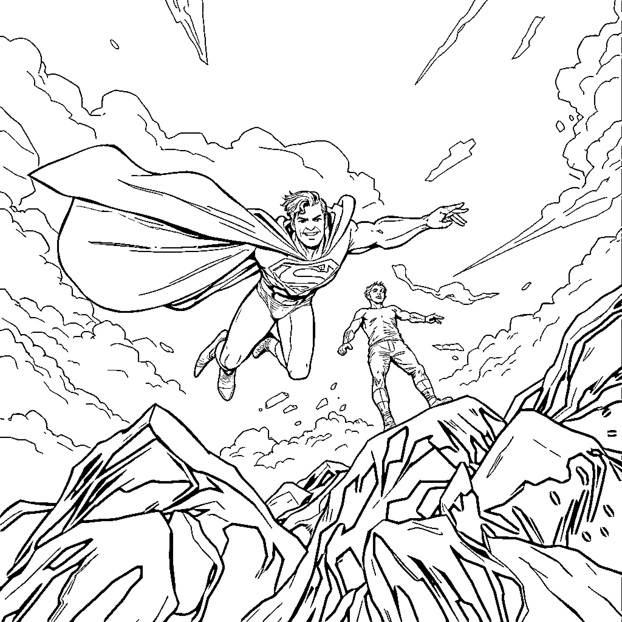 Superman Soaring Through Clouds and Mountains Coloring Page (free black-and-white line drawing printable PDF for all, from beginners to advanced learners, including children, teens, adults, and seniors)