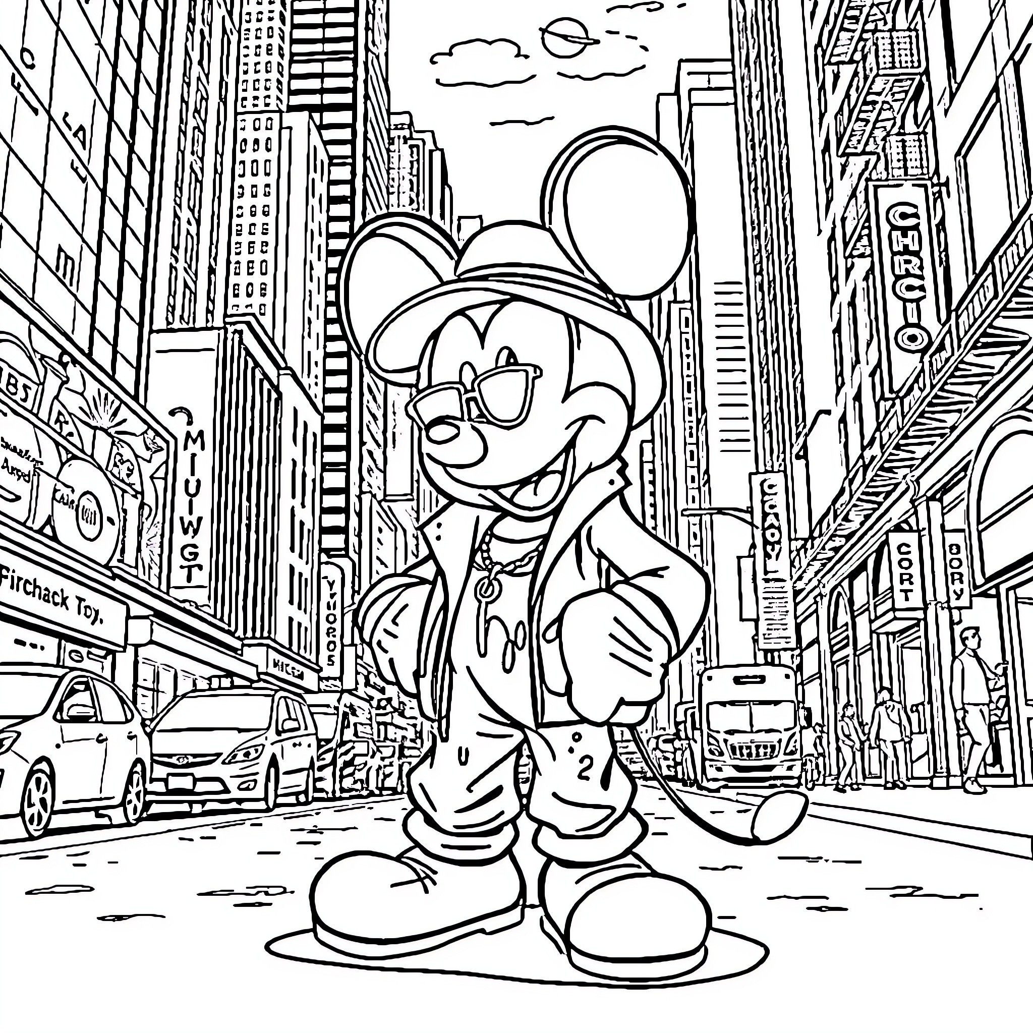 Mickey Mouse exploring the city streets Coloring Page (free black-and-white line drawing printable PDF for all, from beginners to advanced learners, including children, teens, adults, and seniors)