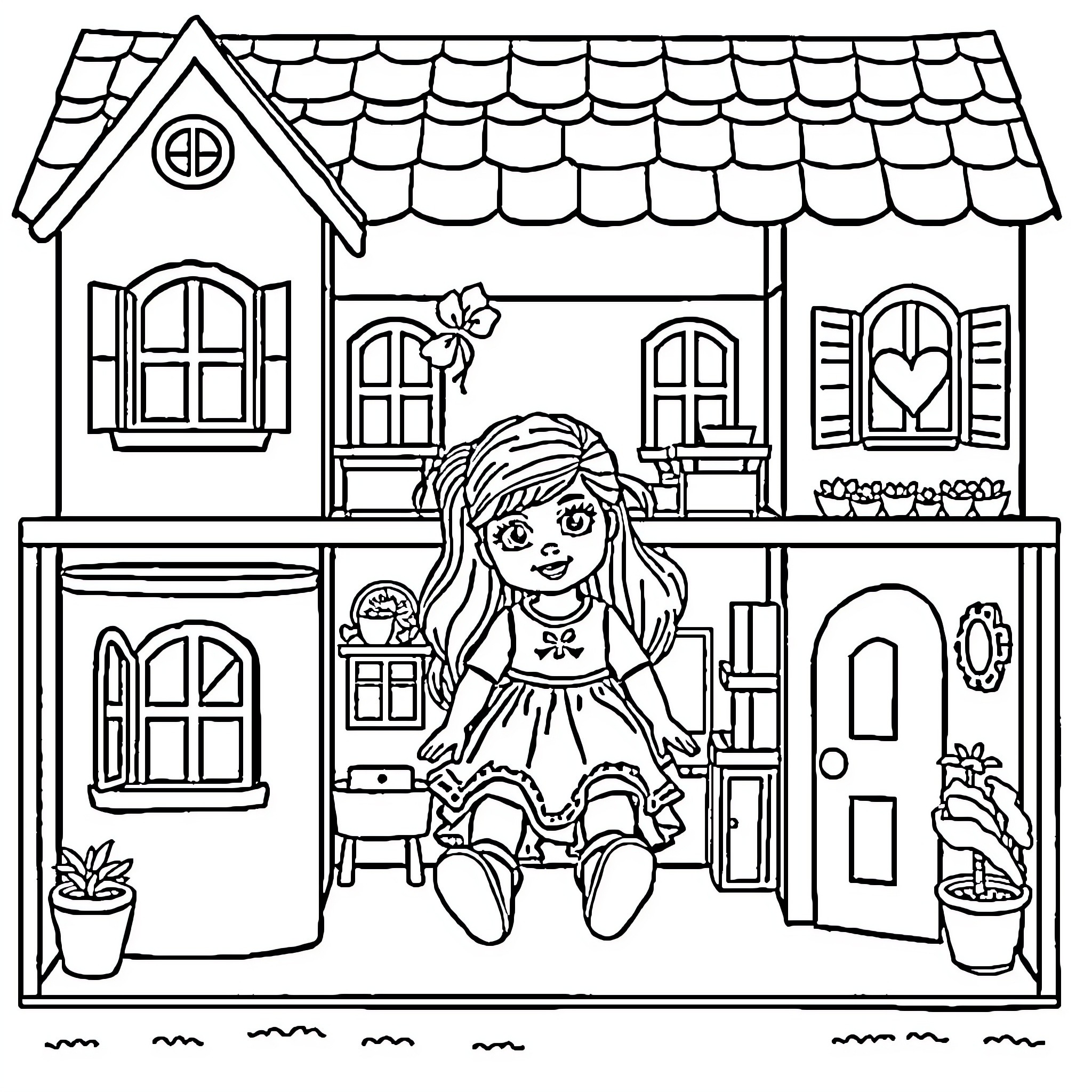 Dollhouse with a young girl playing inside Coloring Page (free black-and-white line drawing printable PDF for all, from beginners to advanced learners, including children, teens, adults, and seniors)